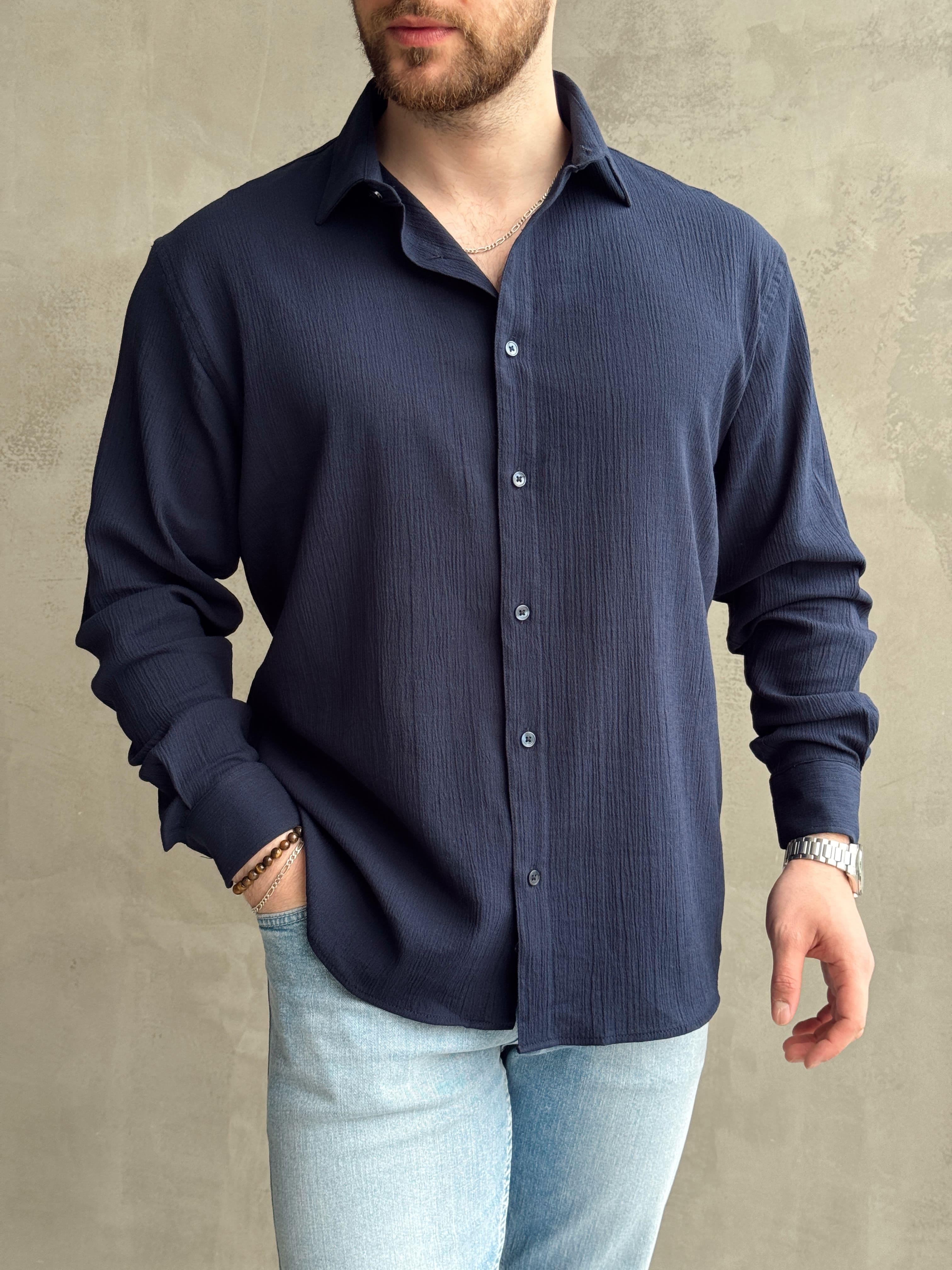 Erkek Yüksek Kalite Oversize Kalıp Dökümlü %100 Pamuk Krinkıl Gömlek-Lacivert(E1598)Ketench