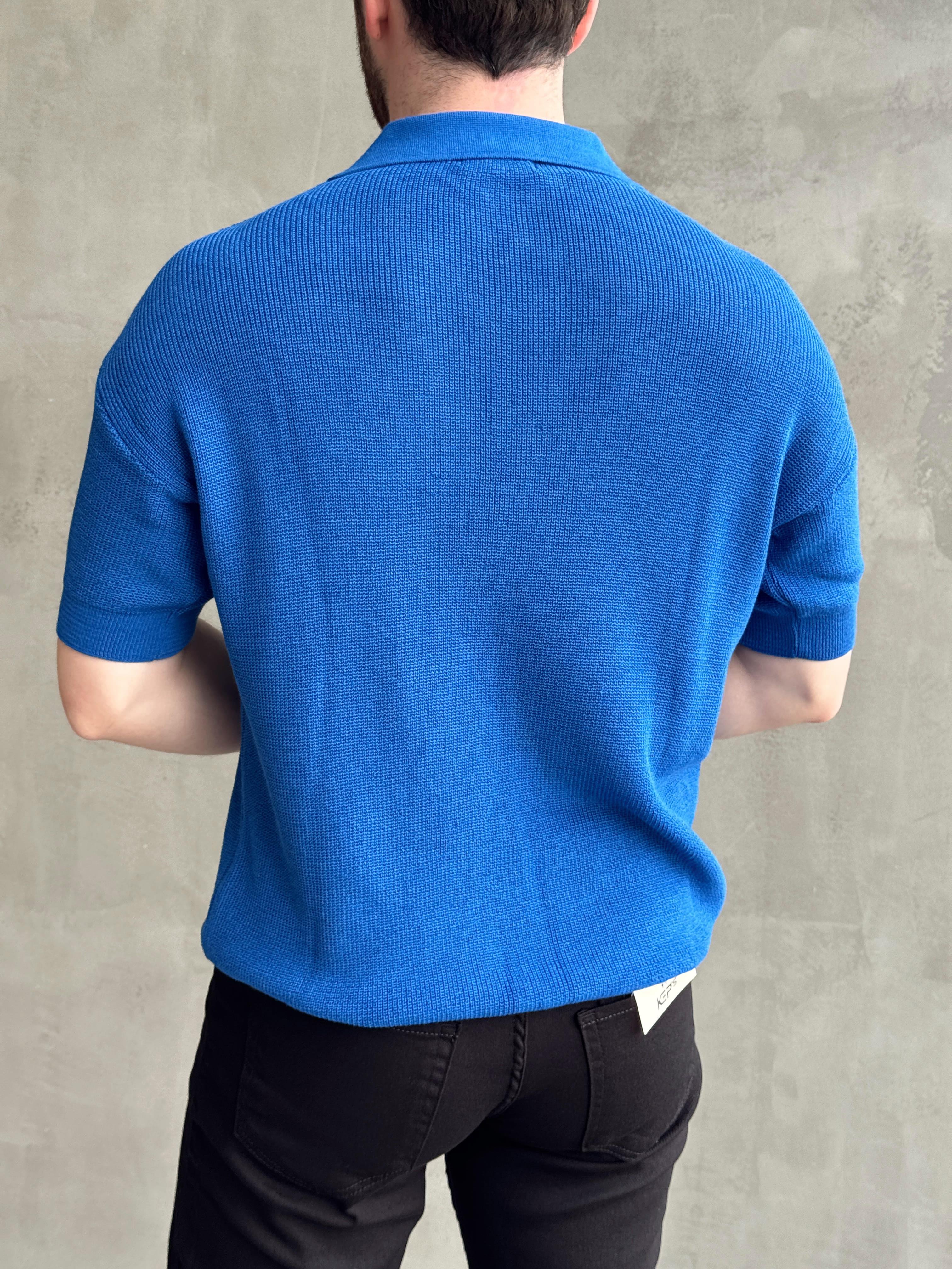 Erkek Yüksek Kalite Oversize Kalıp Fermuar Detaylı Polo Yaka Triko T-Shirt-Sax(E1610)Ketench