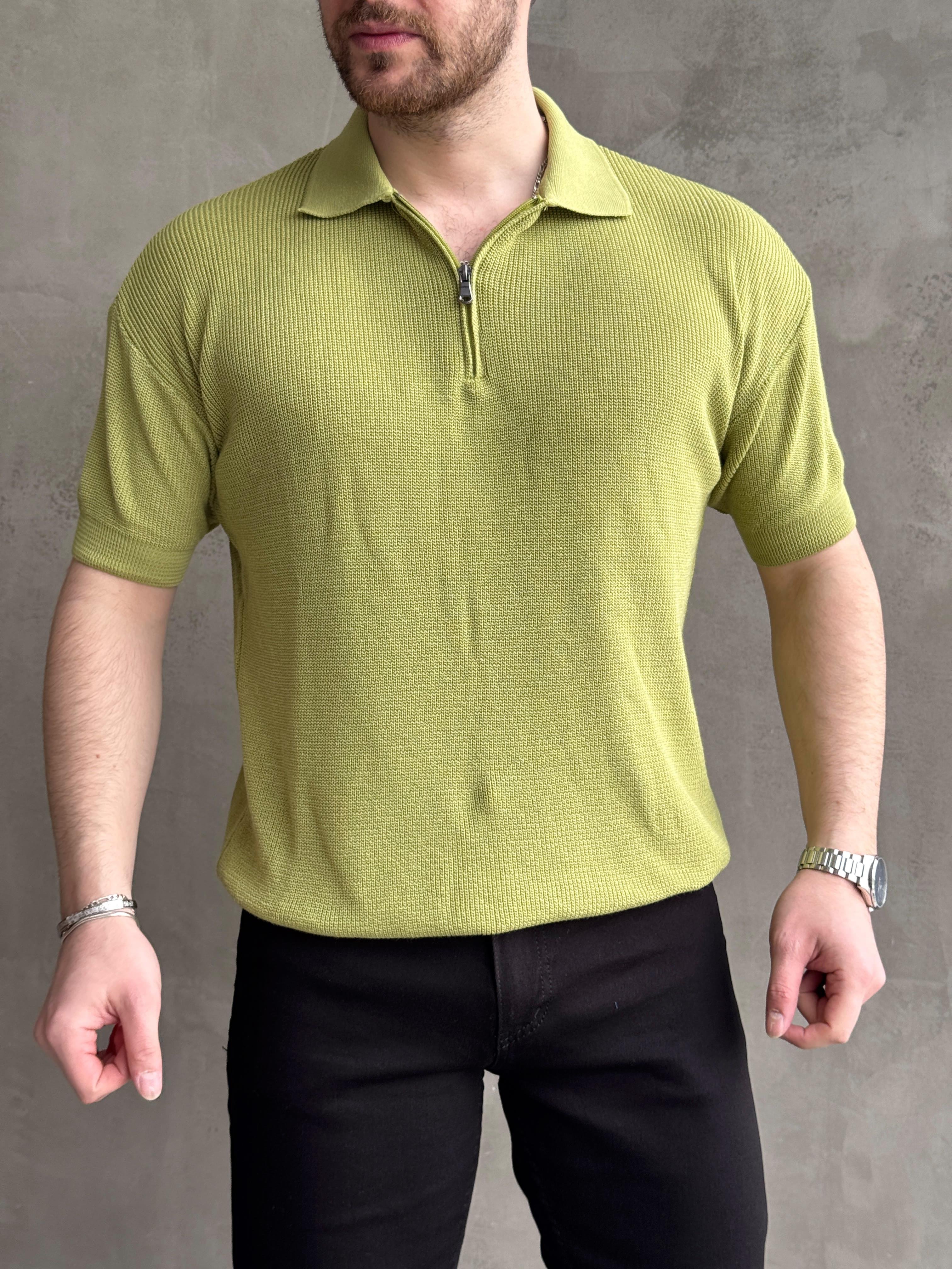 Erkek Yüksek Kalite Oversize Kalıp Fermuar Detaylı Polo Yaka Triko T-Shirt-Mint(E1610)Ketench