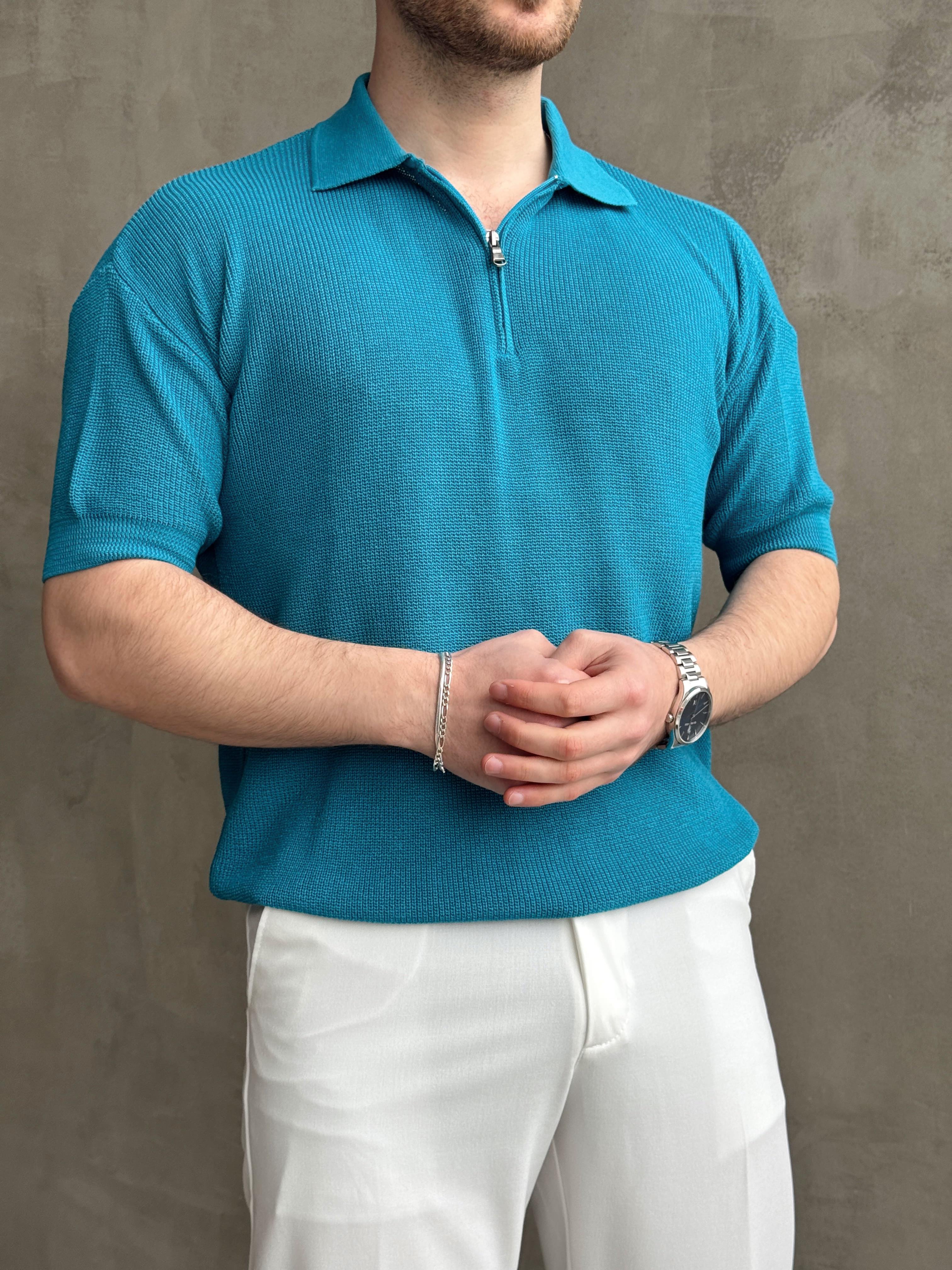 Erkek Yüksek Kalite Oversize Kalıp Fermuar Detaylı Polo Yaka Triko T-Shirt-Turkuaz(E1610)Ketench