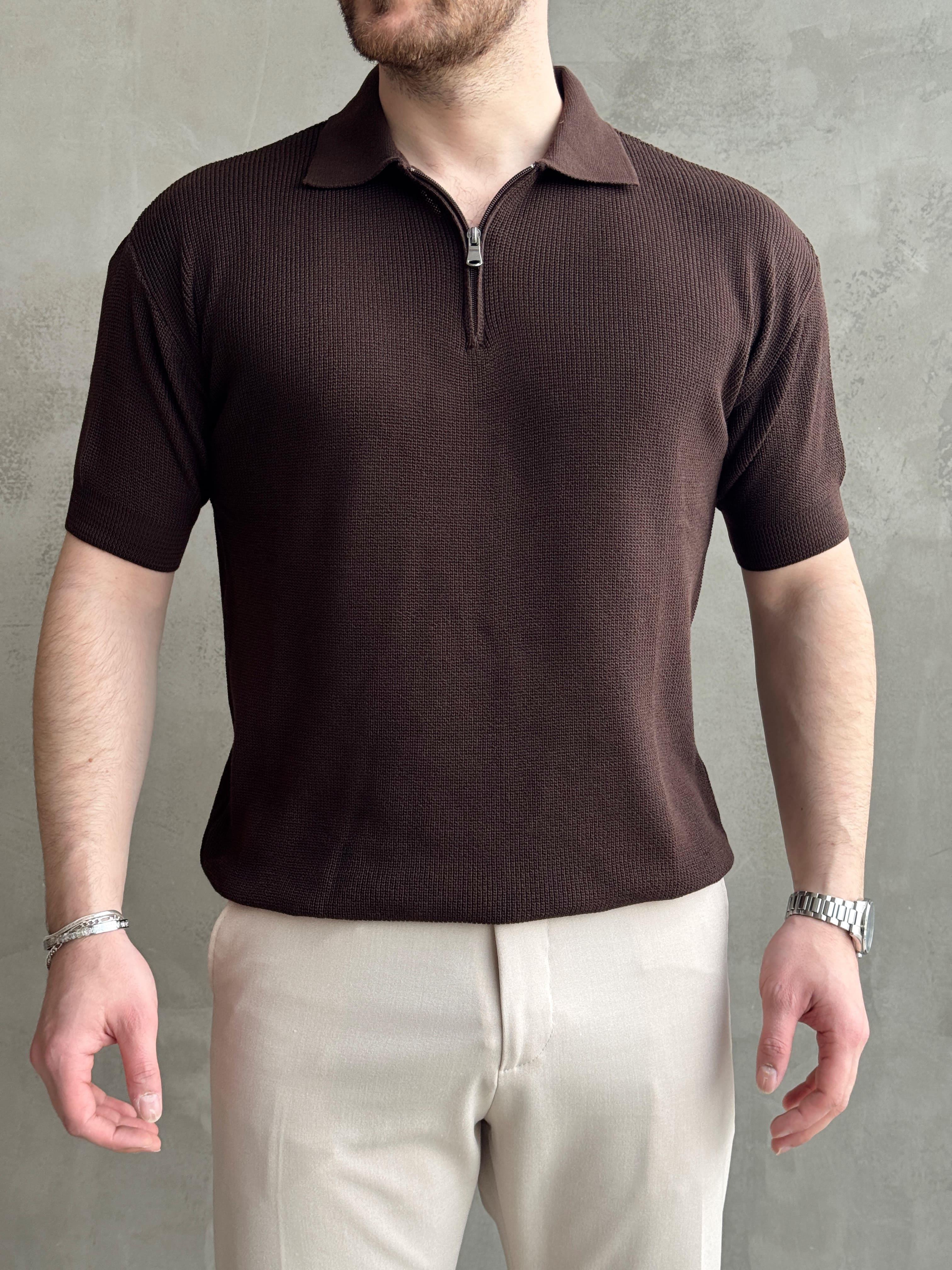 Erkek Yüksek Kalite Oversize Kalıp Fermuar Detaylı Polo Yaka Triko T-Shirt-Barut(E1610)Ketench