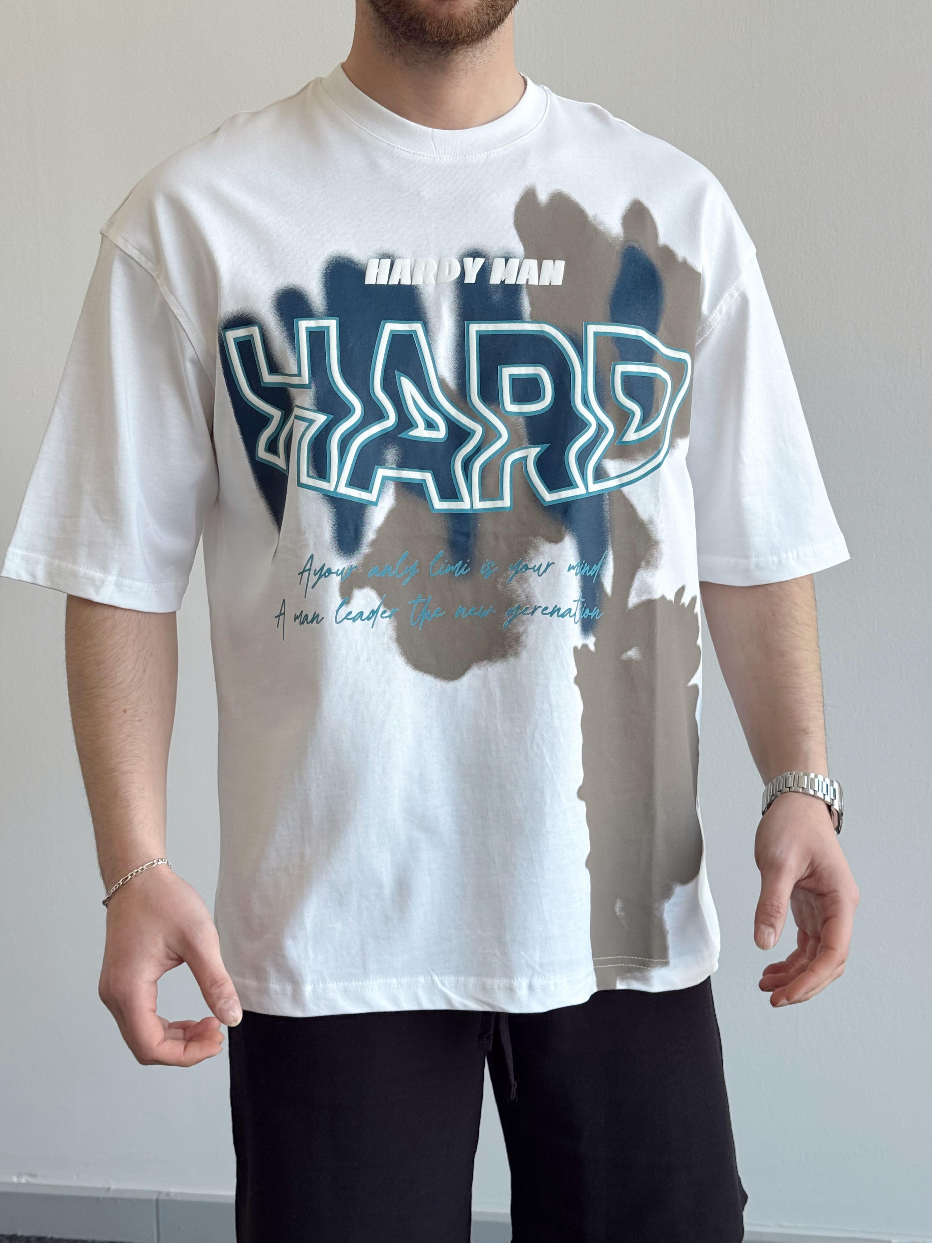 Erkek Yüksek Kalite Oversize Kalıp Hard Man Baskı Detay T-Shirt-Beyaz(E1369)Ketench