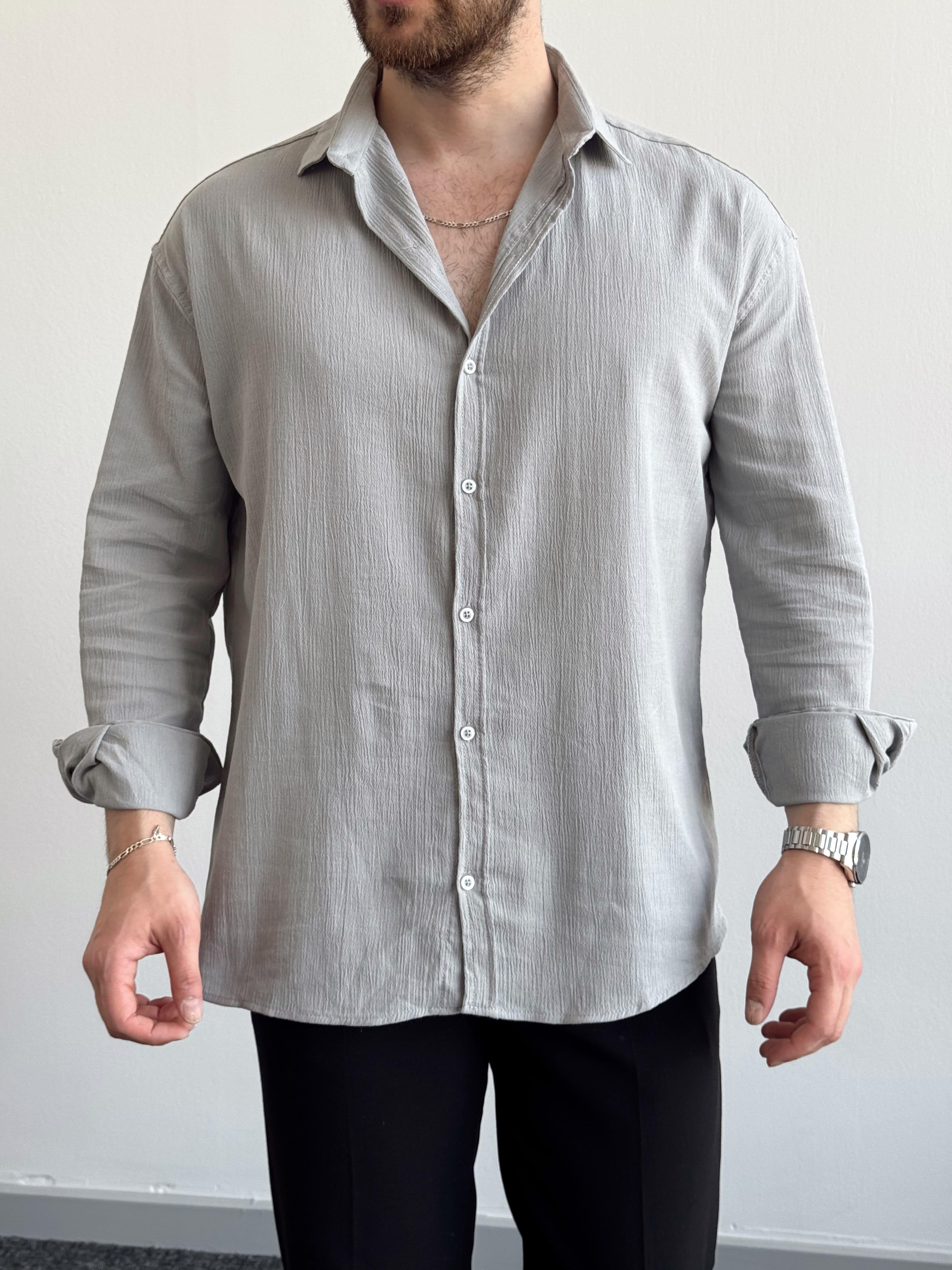 Erkek Yüksek Kalite Oversize Kalıp Krinkıl Kumaş Gömlek-Gri(E1280)Ketench