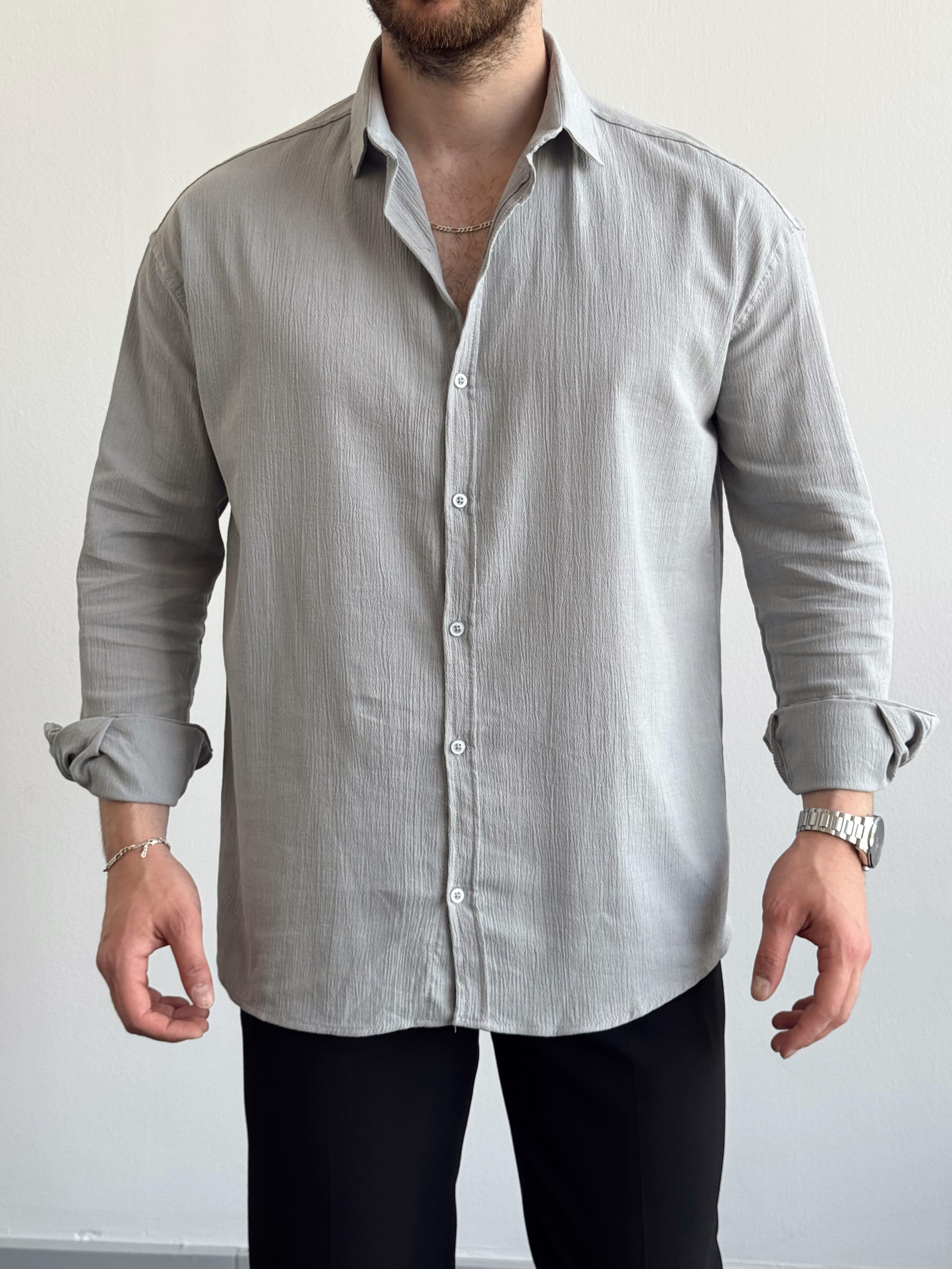 Erkek Yüksek Kalite Oversize Kalıp Krinkıl Kumaş Gömlek-Gri(E1280)Ketench