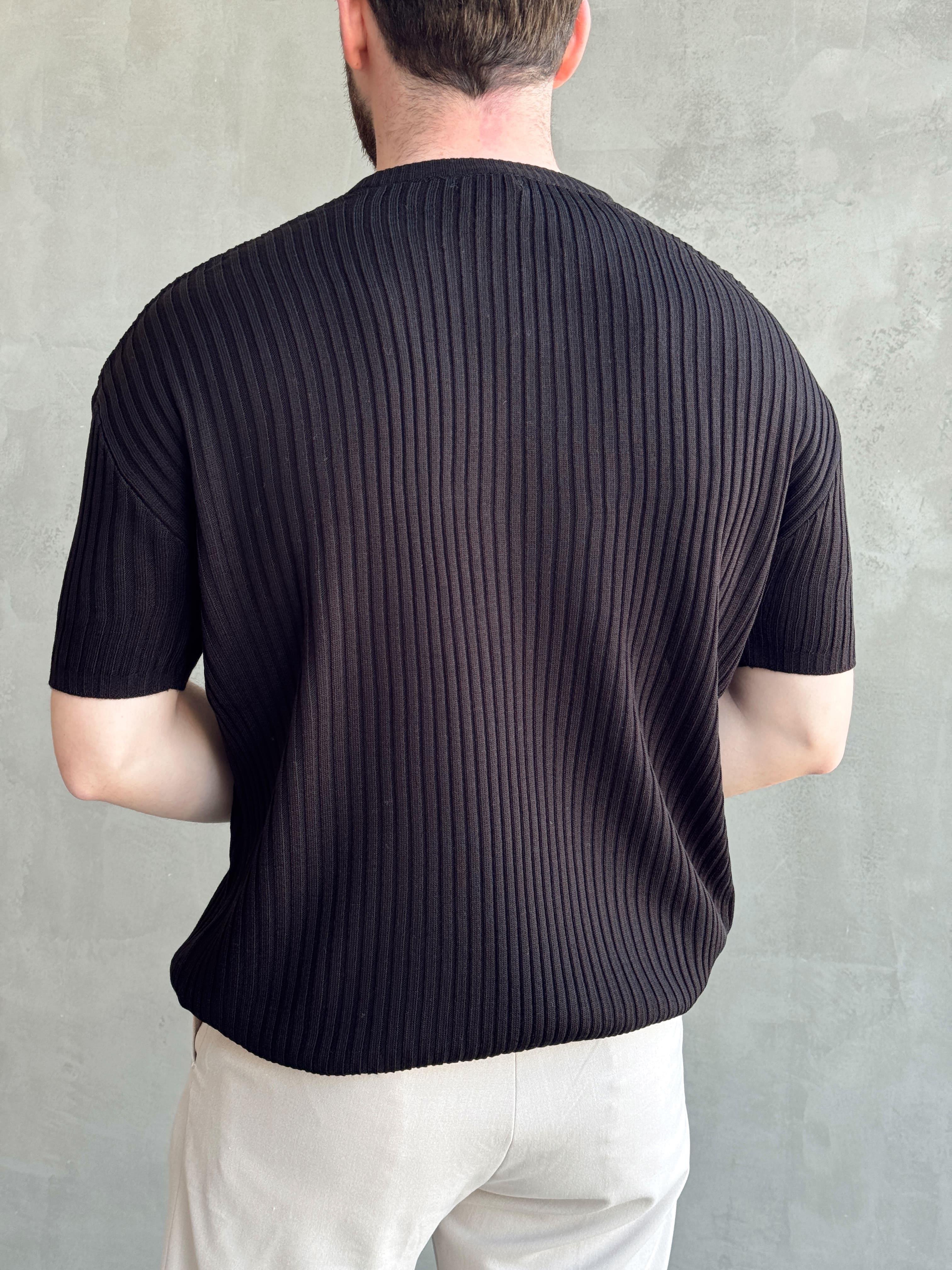 Erkek Yüksek Kalite Oversize Kalıp Şerit Detaylı Bisiklet Yaka Triko T-Shirt-Siyah(E1654)Ketench