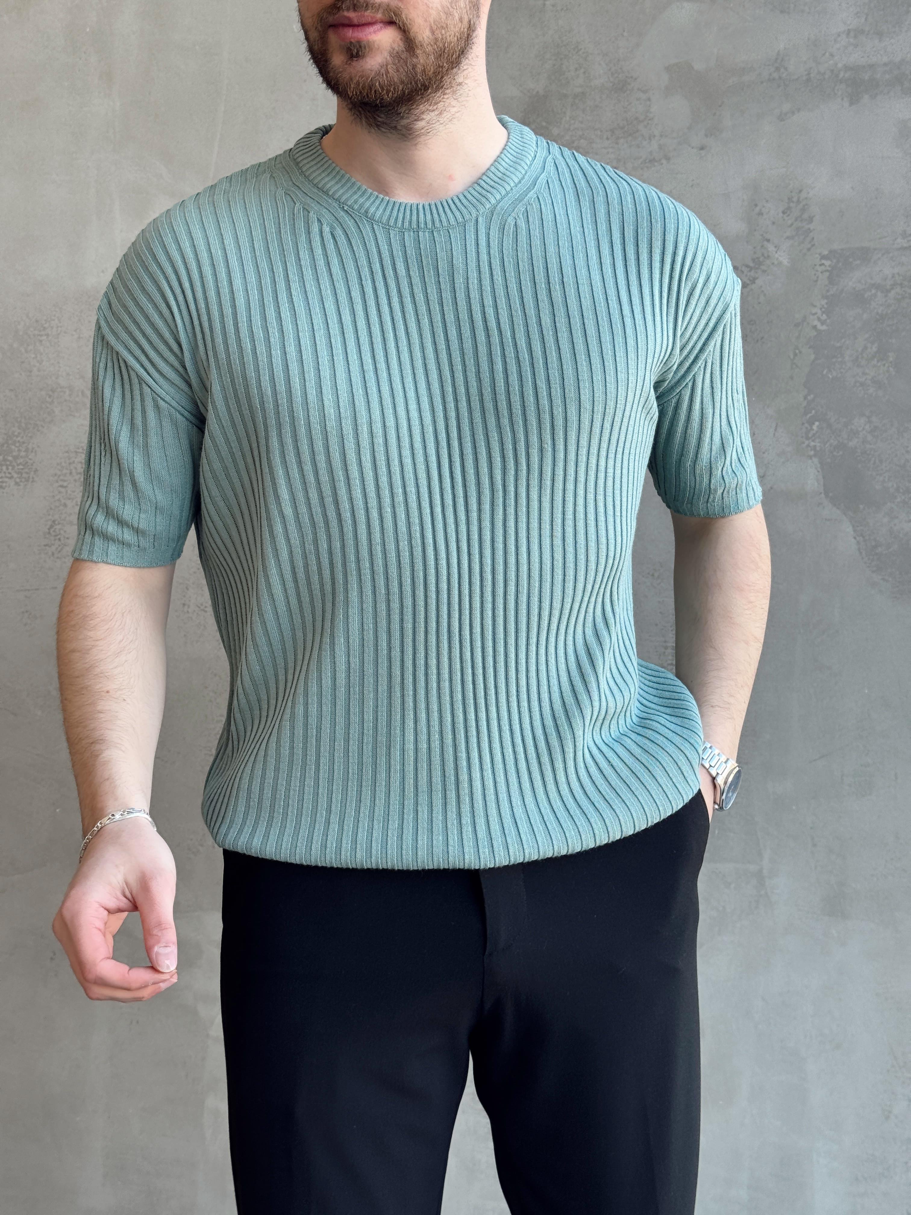 Erkek Yüksek Kalite Oversize Kalıp Şerit Detaylı Bisiklet Yaka Triko T-Shirt-Haki(E1654)Ketench