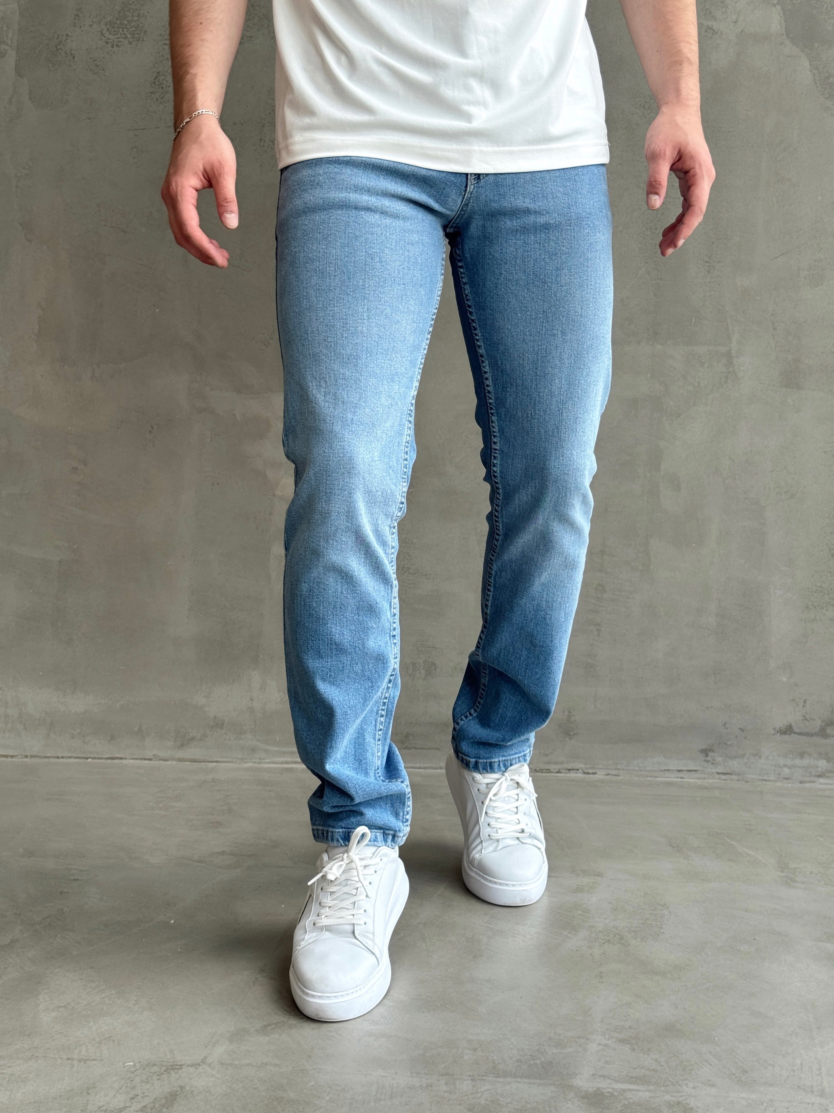 Erkek Yüksek Kalite Yıkamalı Taşlı Regular Kalıp Kot Pantolon Jeans-Açık Mavi(E1596) TD:703Ketench