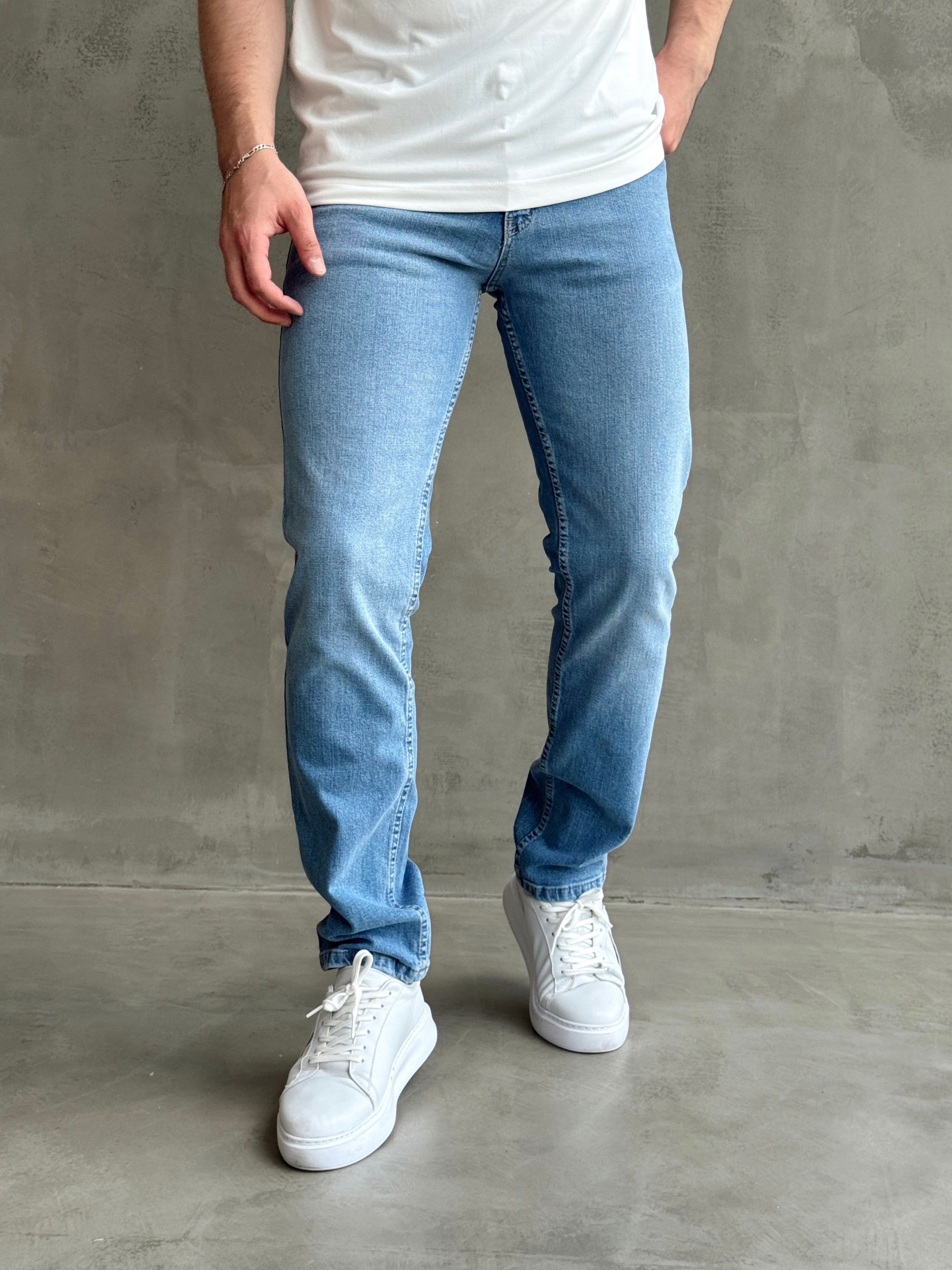 Erkek Yüksek Kalite Yıkamalı Taşlı Regular Kalıp Kot Pantolon Jeans-Açık Mavi(E1596) TD:703Ketench