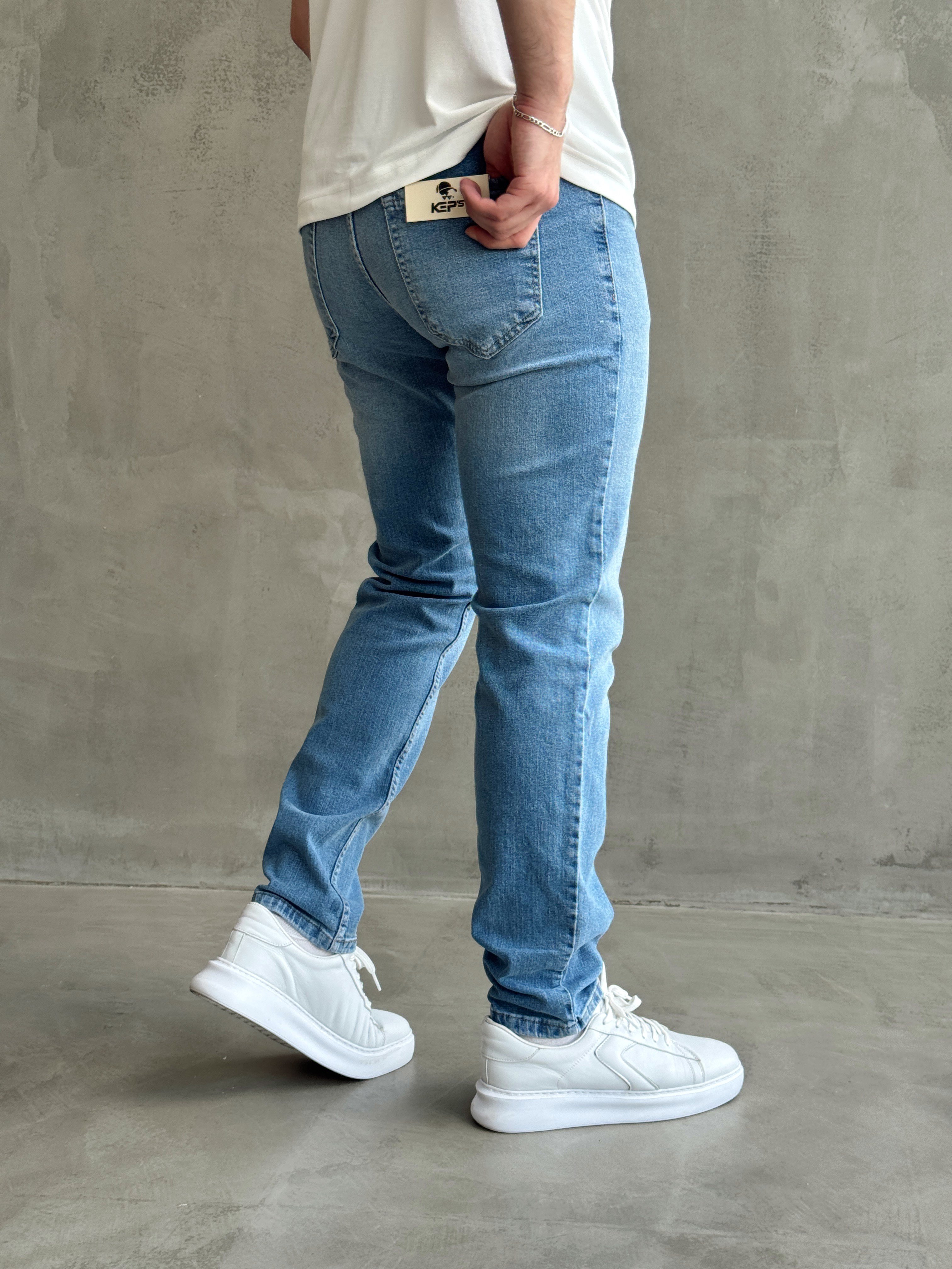 Erkek Yüksek Kalite Yıkamalı Taşlı Regular Kalıp Kot Pantolon Jeans-Açık Mavi(E1596) TD:703Ketench