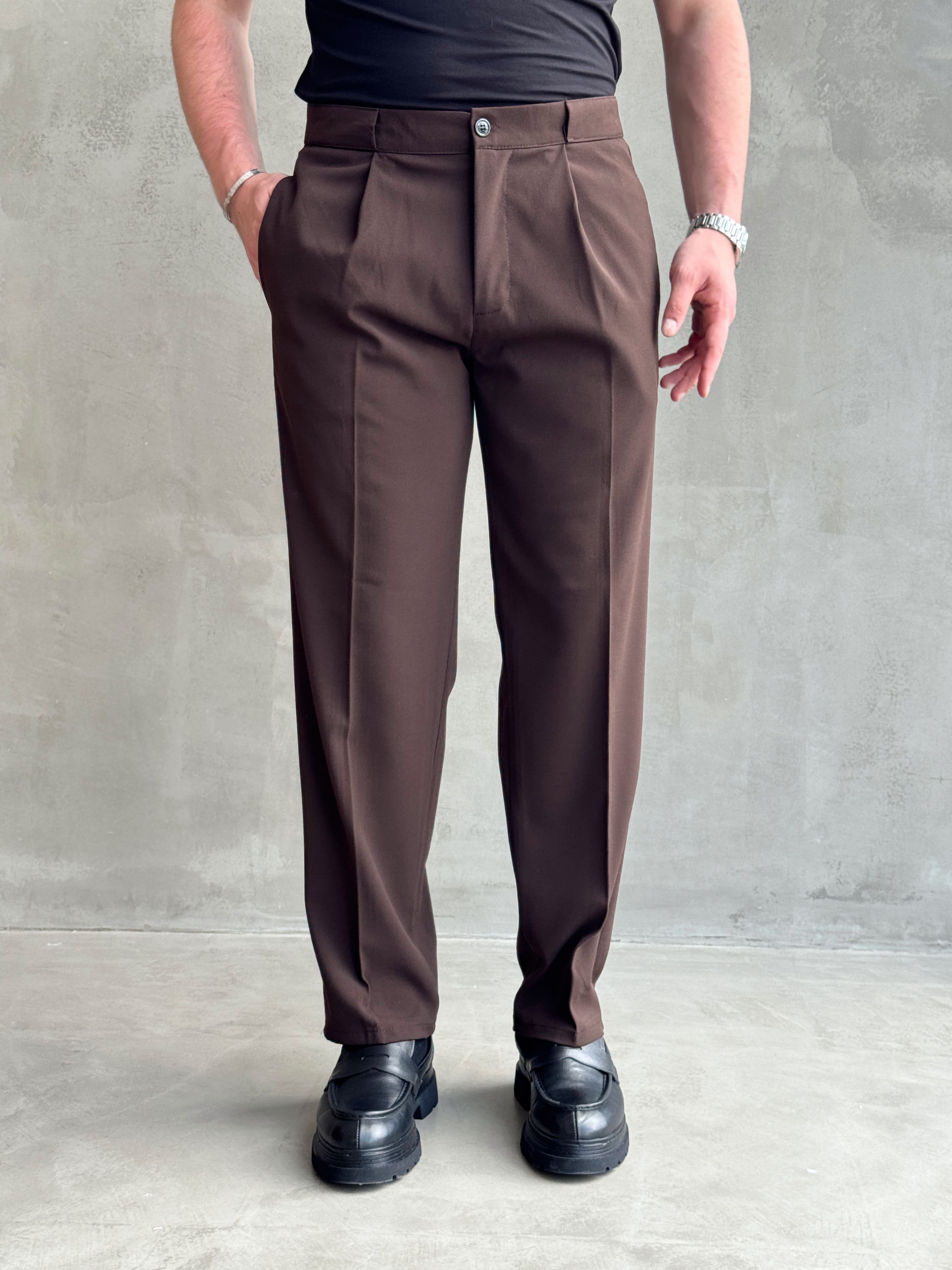 Erkek Zamansız Model Gizli Kemer Detay Baggy Kalıp Kumaş Pantolon-Kahverengi(E1771)Ketench