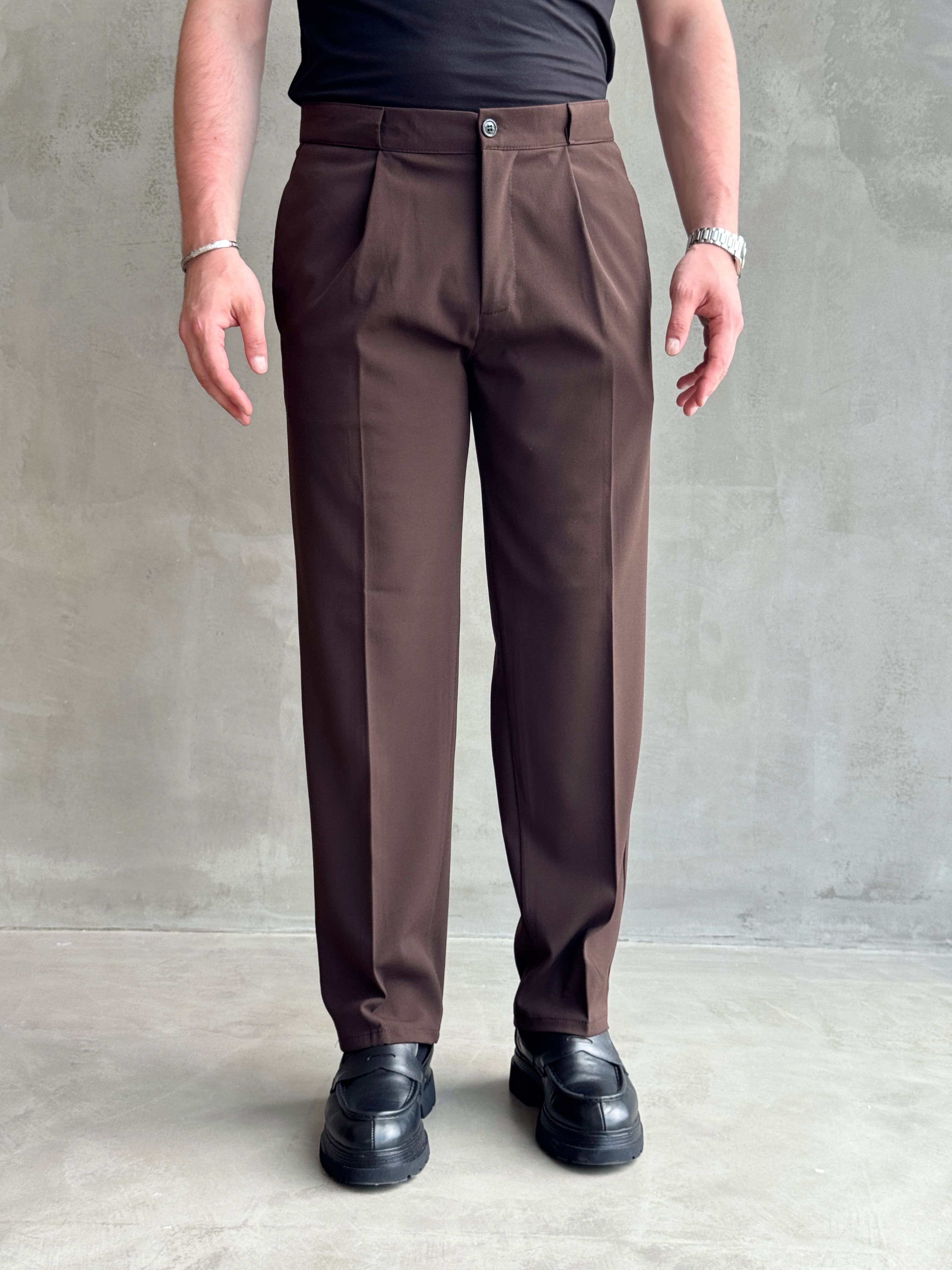 Erkek Zamansız Model Gizli Kemer Detay Baggy Kalıp Kumaş Pantolon-Kahverengi(E1771)Ketench