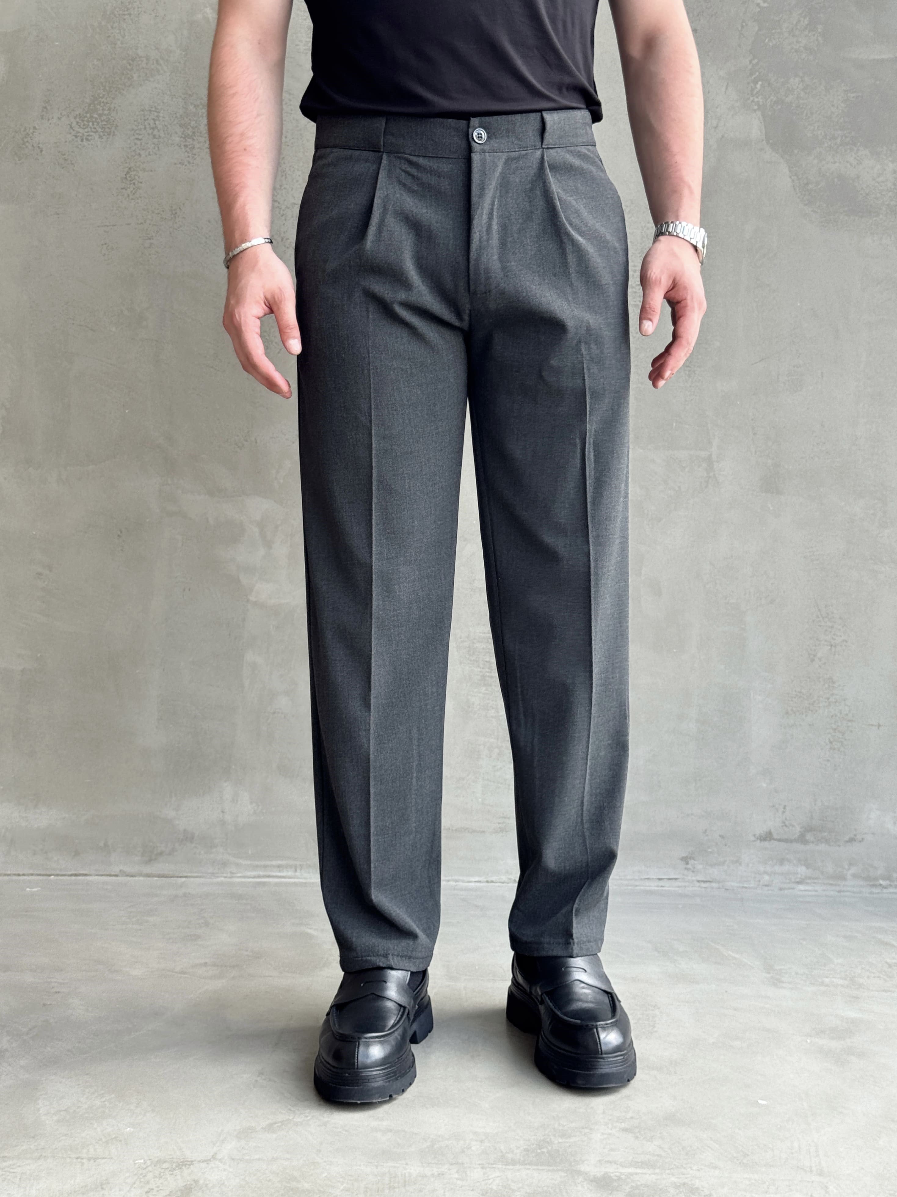 Erkek Zamansız Model Gizli Kemer Detay Baggy Kalıp Kumaş Pantolon-Füme(E1771)Ketench
