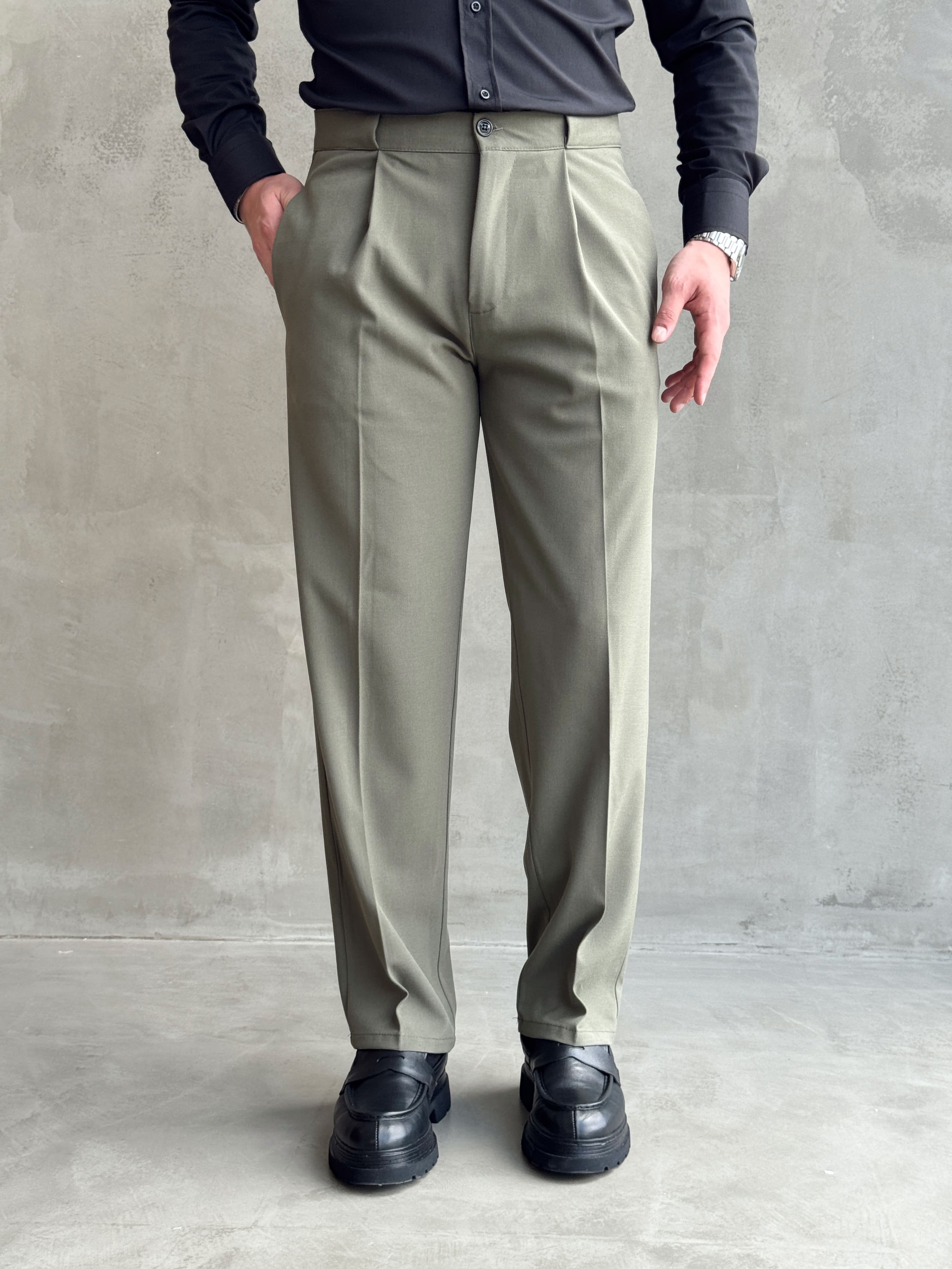 Erkek Zamansız Model Gizli Kemer Detay Baggy Kalıp Kumaş Pantolon-Çağla(E1771)Ketench