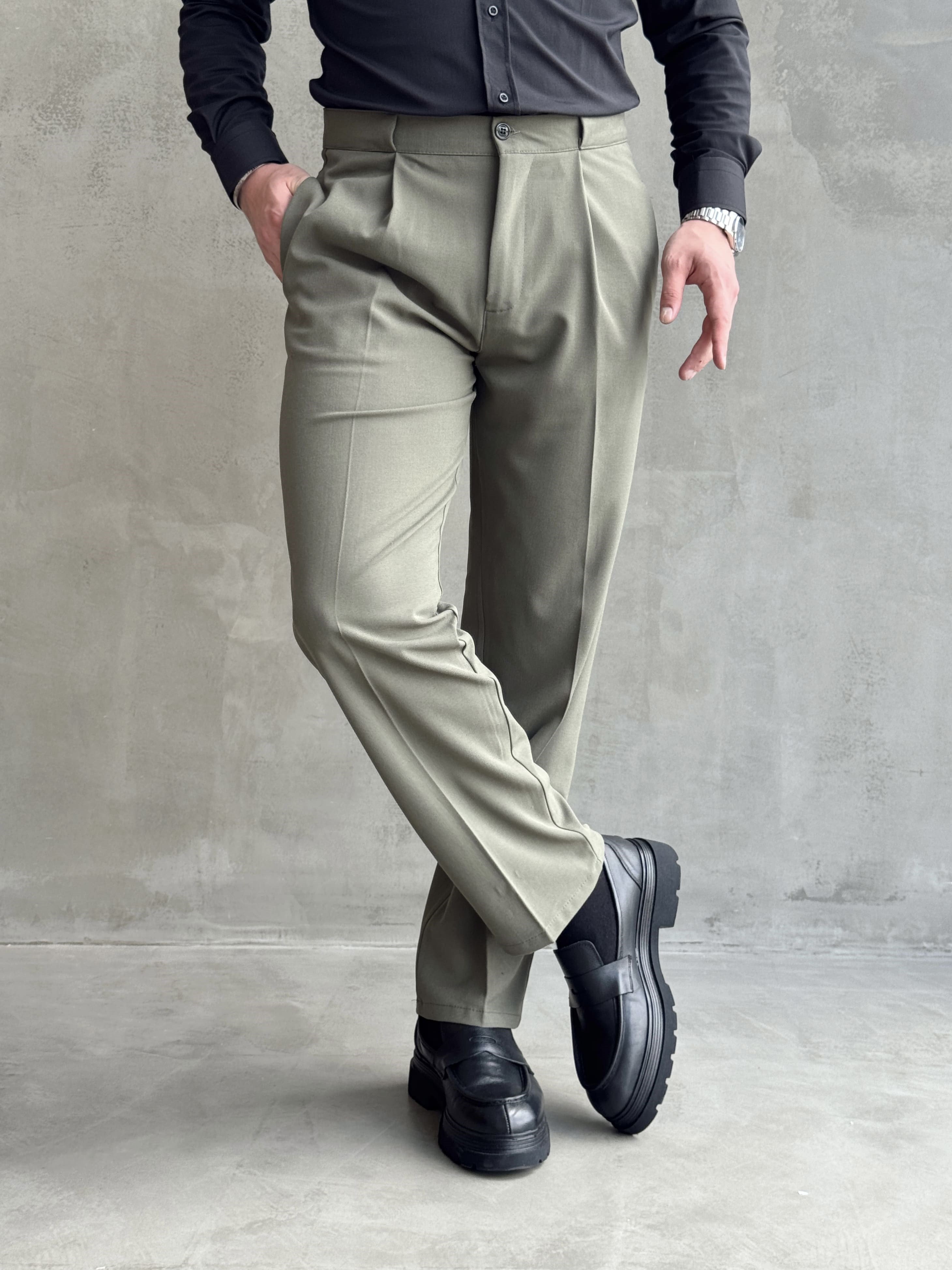 Erkek Zamansız Model Gizli Kemer Detay Baggy Kalıp Kumaş Pantolon-Çağla(E1771)Ketench