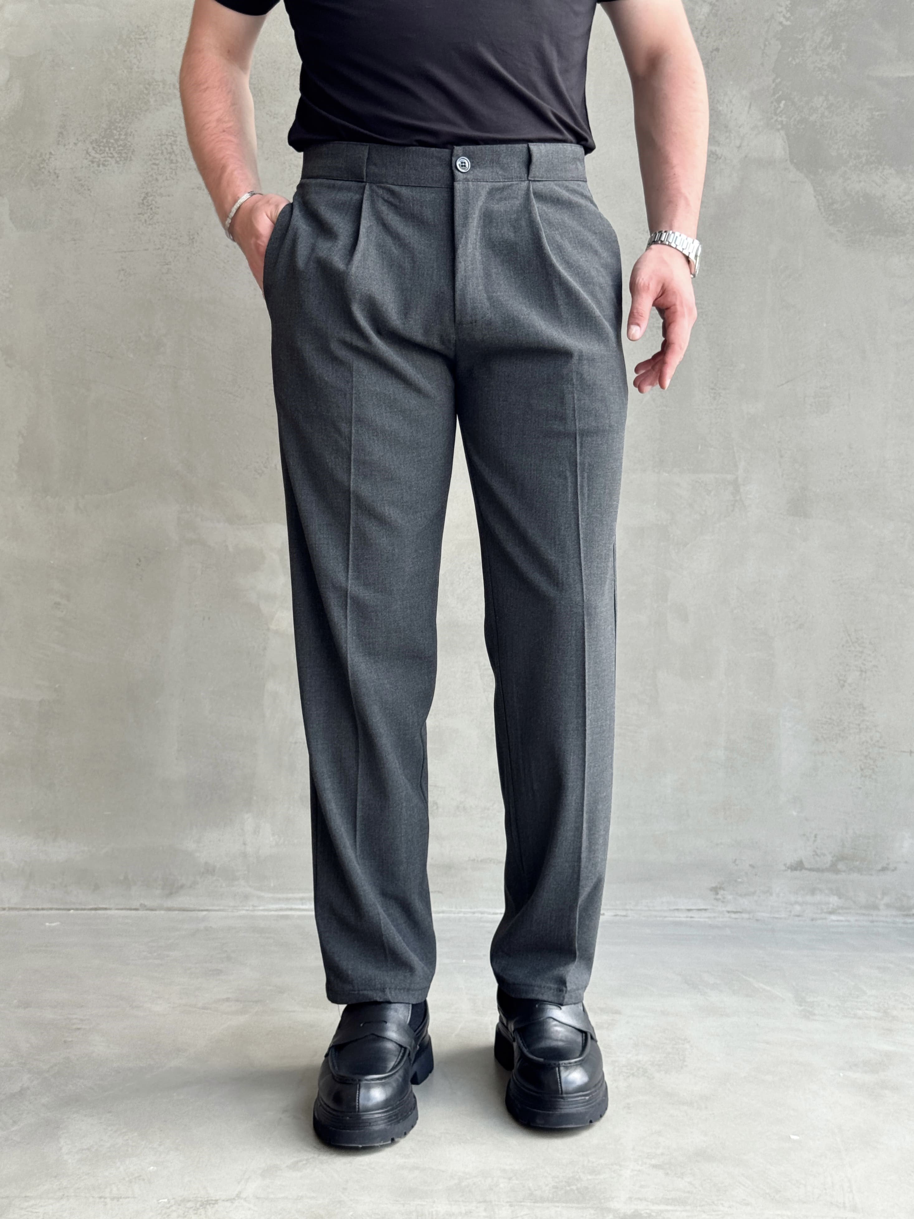 Erkek Zamansız Model Gizli Kemer Detay Baggy Kalıp Kumaş Pantolon-Füme(E1771)Ketench