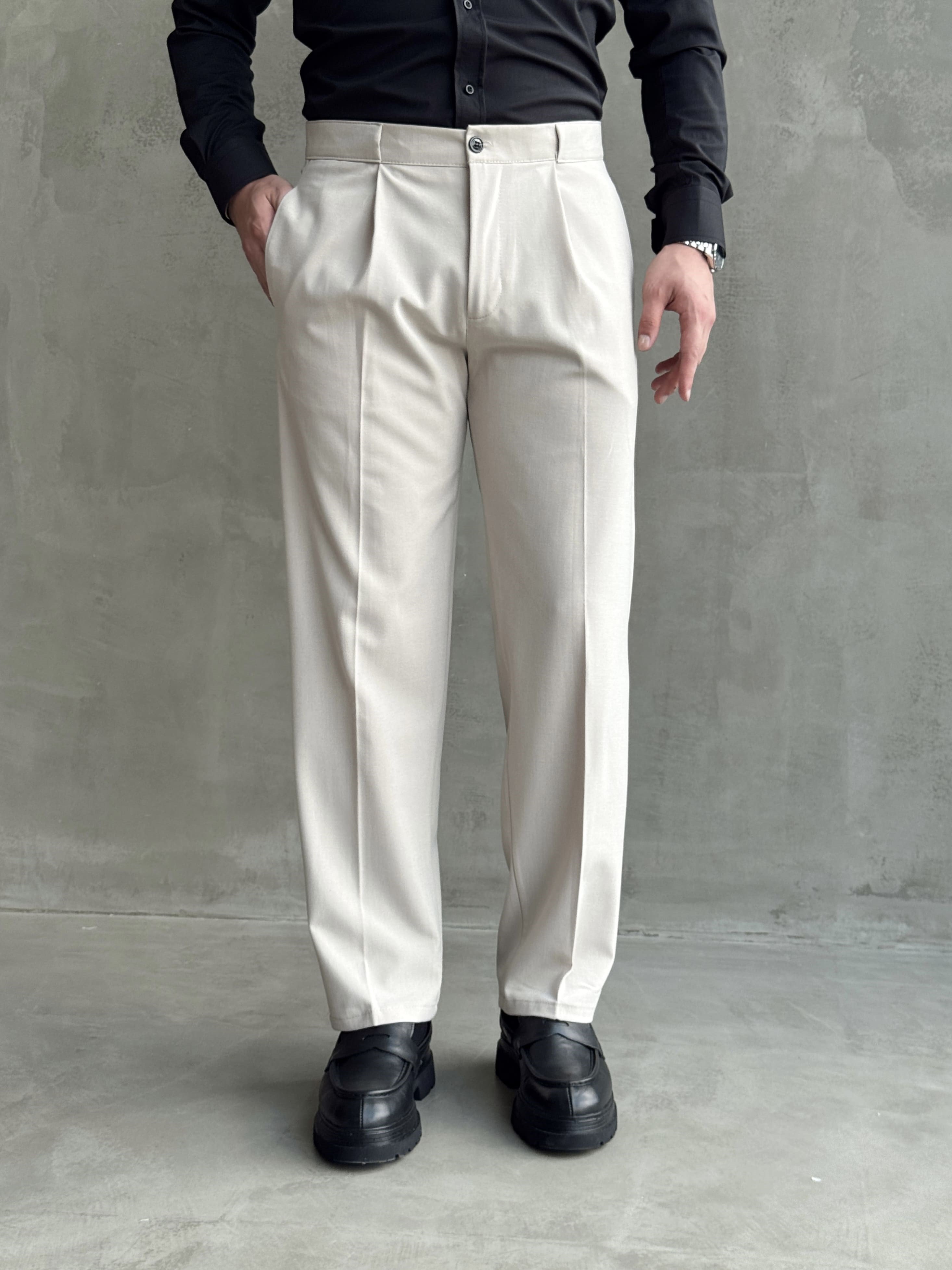 Erkek Zamansız Model Gizli Kemer Detay Baggy Kalıp Kumaş Pantolon-Bej(E1771)Ketench