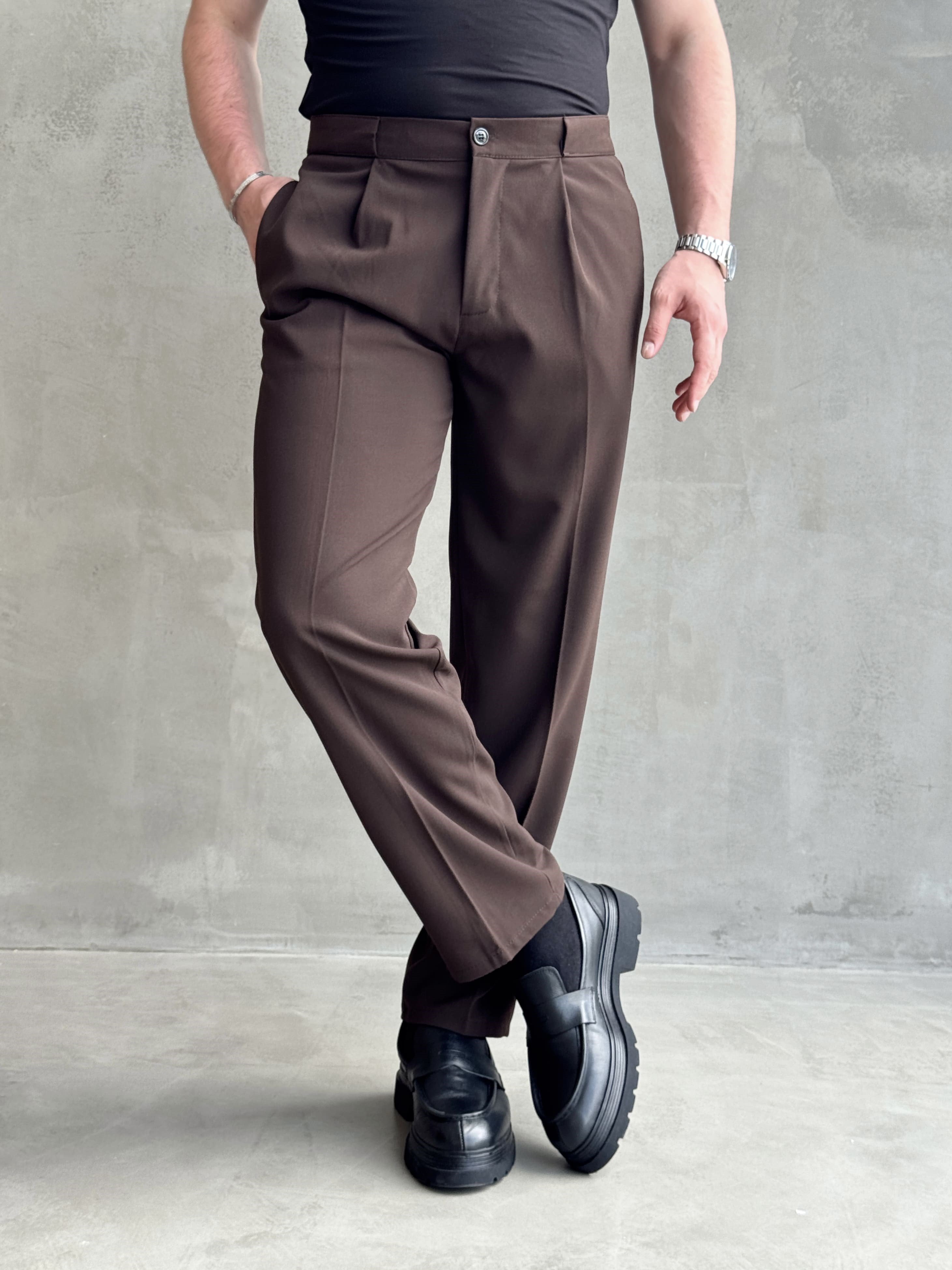 Erkek Zamansız Model Gizli Kemer Detay Baggy Kalıp Kumaş Pantolon-Kahverengi(E1771)Ketench