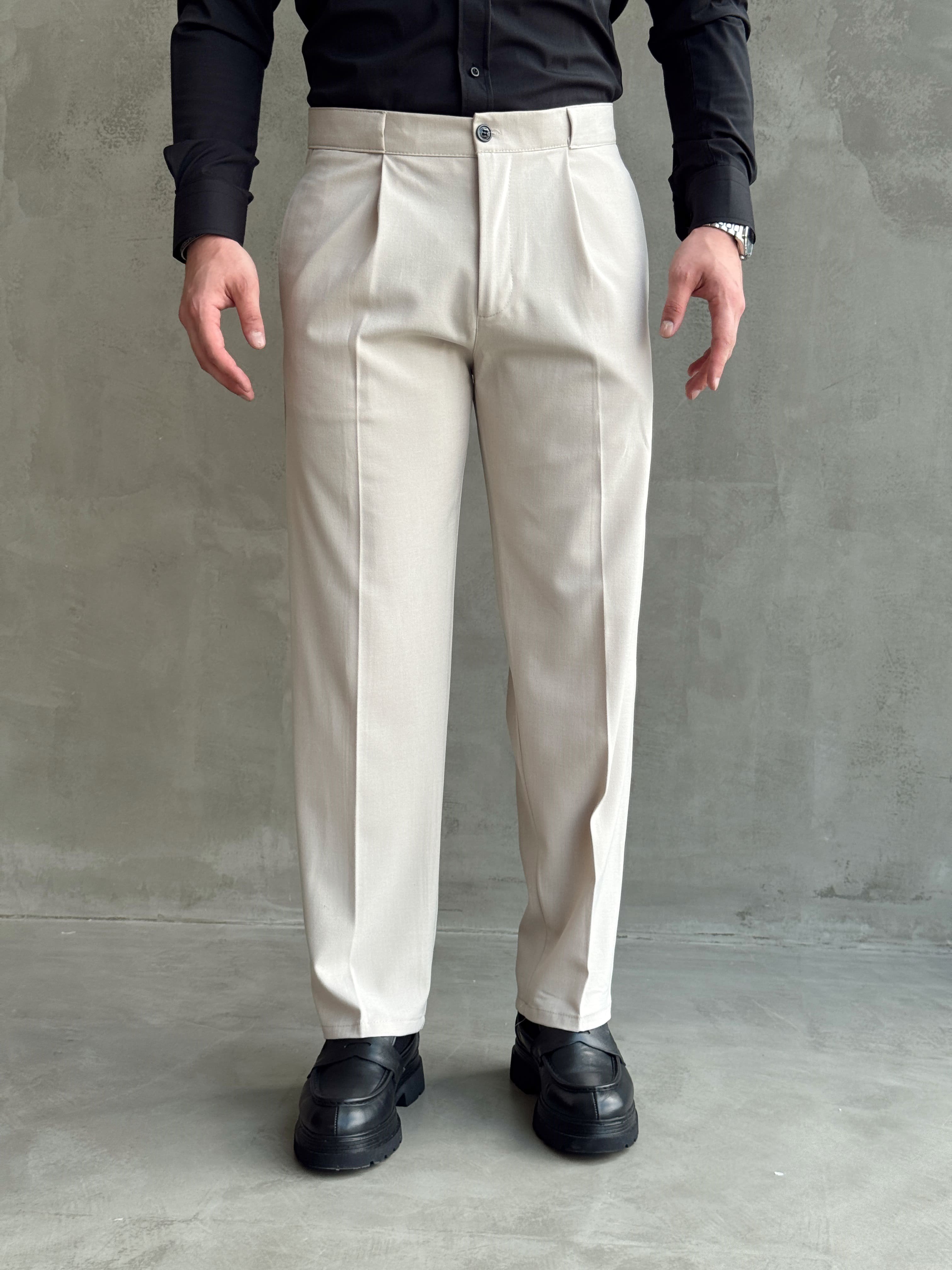 Erkek Zamansız Model Gizli Kemer Detay Baggy Kalıp Kumaş Pantolon-Bej(E1771)Ketench