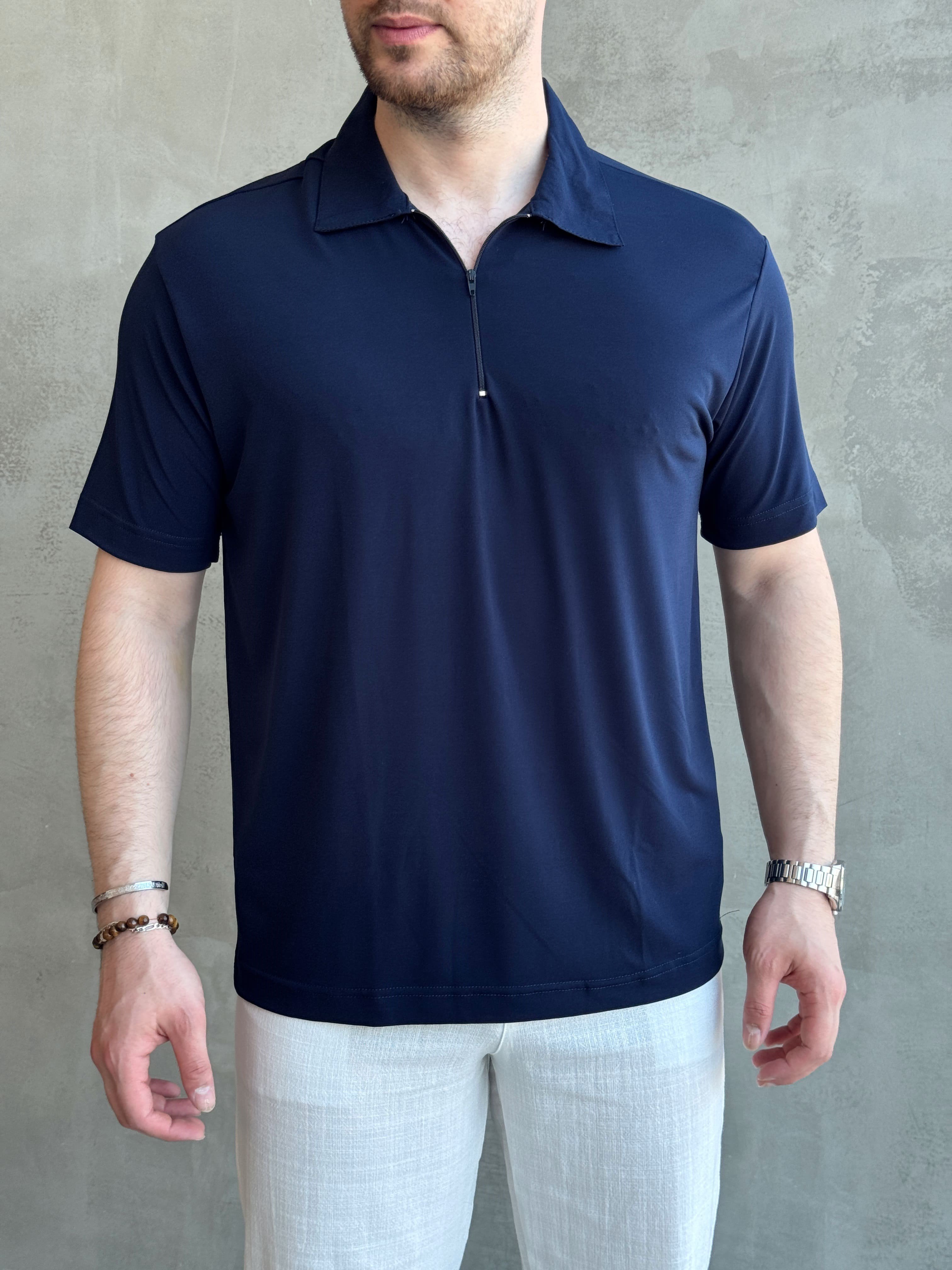 Erkek Zamansız Model Oversize Kalıp Fermuar Detaylı Polo Yaka T-Shirt-Lacivert(E1744)Ketench