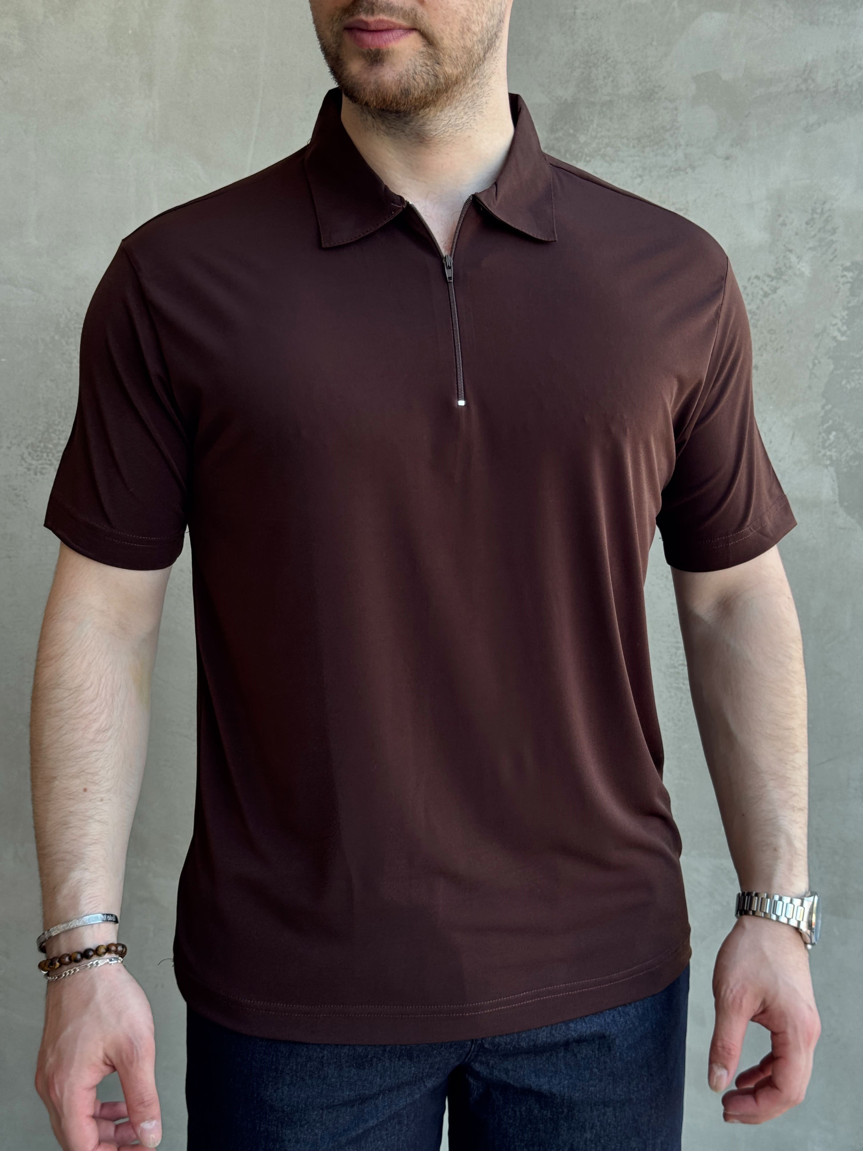 Erkek Zamansız Model Oversize Kalıp Fermuar Detaylı Polo Yaka T-Shirt-Kahverengi(E1744)Ketench