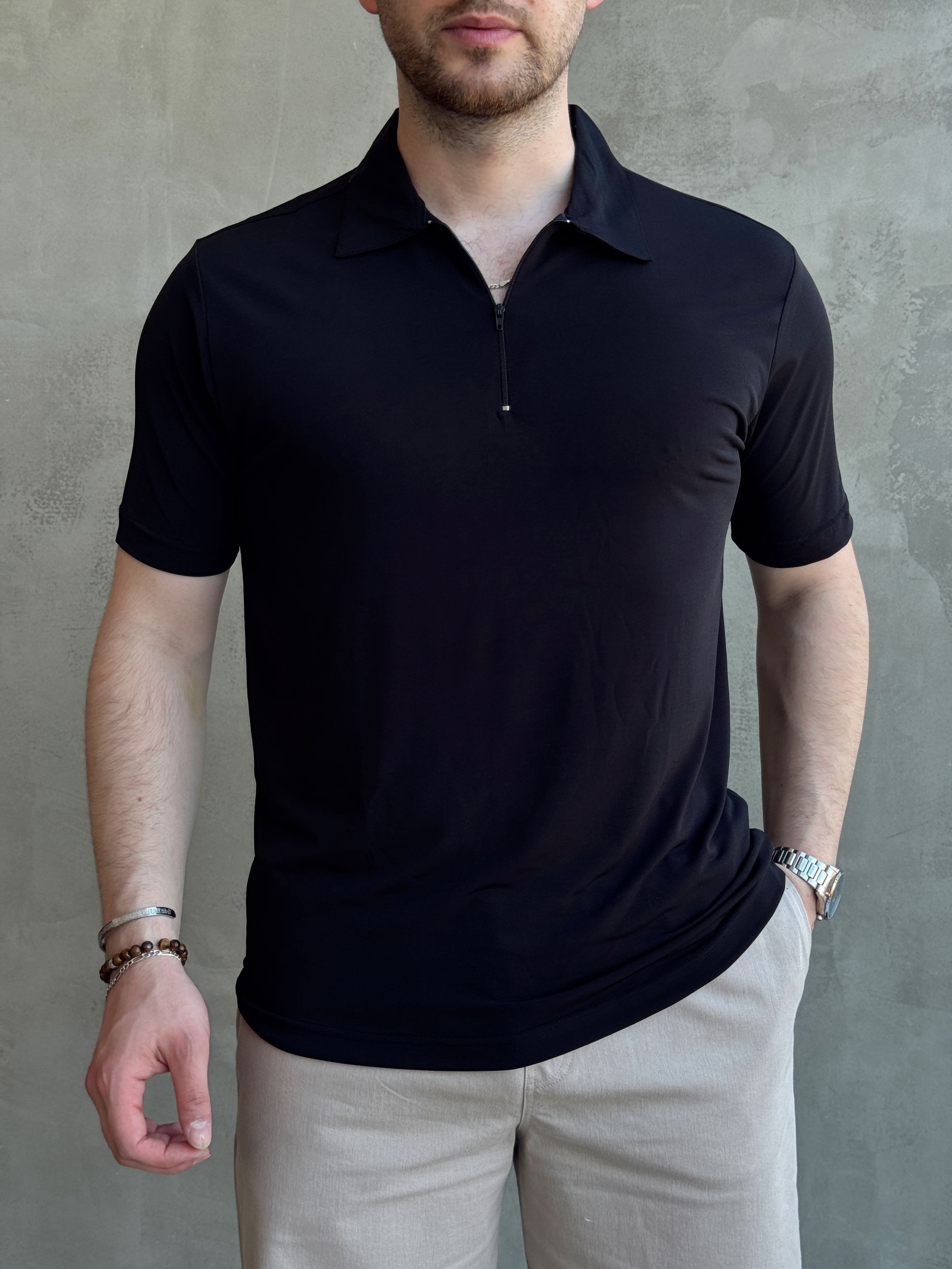 Erkek Zamansız Model Oversize Kalıp Fermuar Detaylı Polo Yaka T-Shirt-Siyah(E1744)Ketench