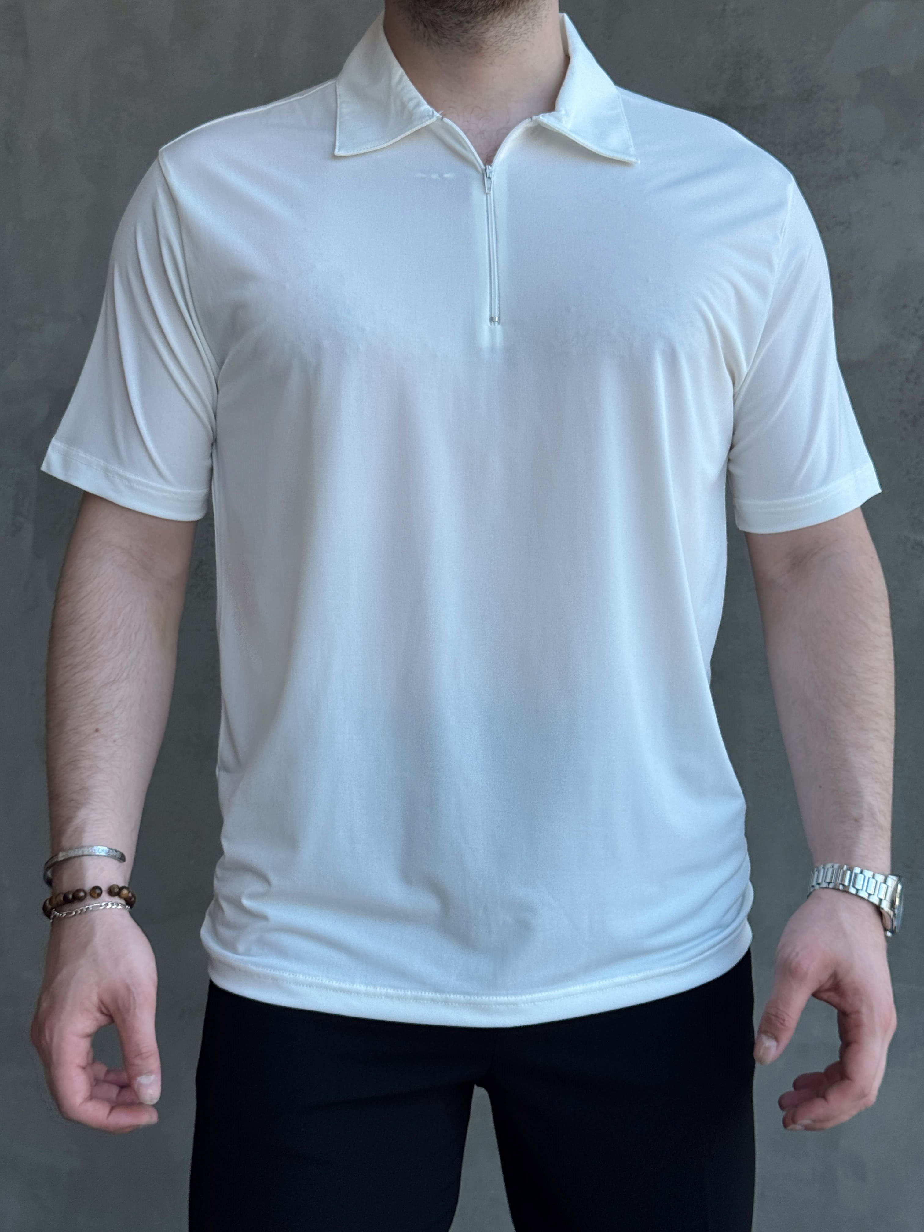 Erkek Zamansız Model Oversize Kalıp Fermuar Detaylı Polo Yaka T-Shirt-Beyaz(E1744)Ketench