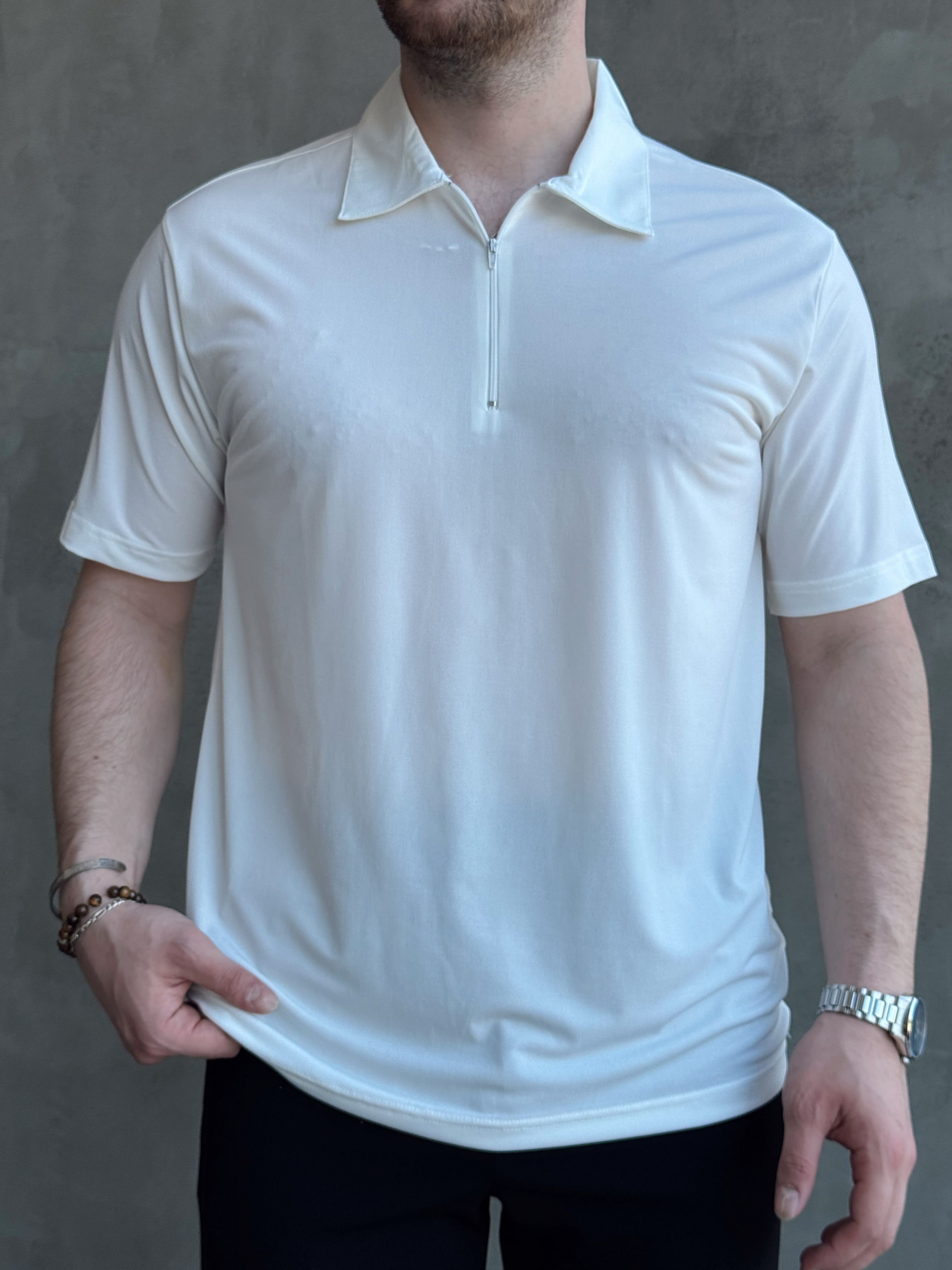 Erkek Zamansız Model Oversize Kalıp Fermuar Detaylı Polo Yaka T-Shirt-Beyaz(E1744)Ketench
