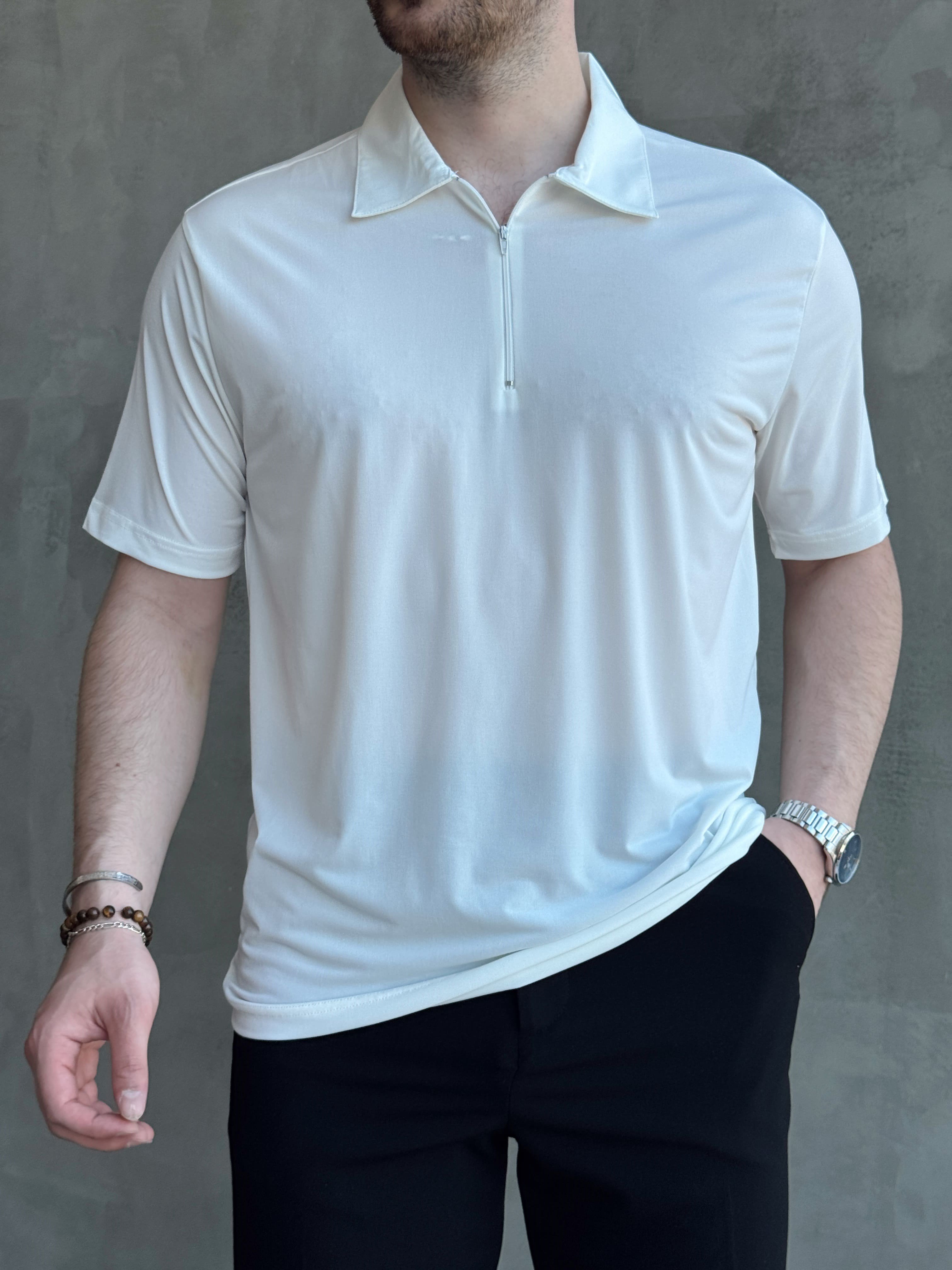 Erkek Zamansız Model Oversize Kalıp Fermuar Detaylı Polo Yaka T-Shirt-Beyaz(E1744)Ketench
