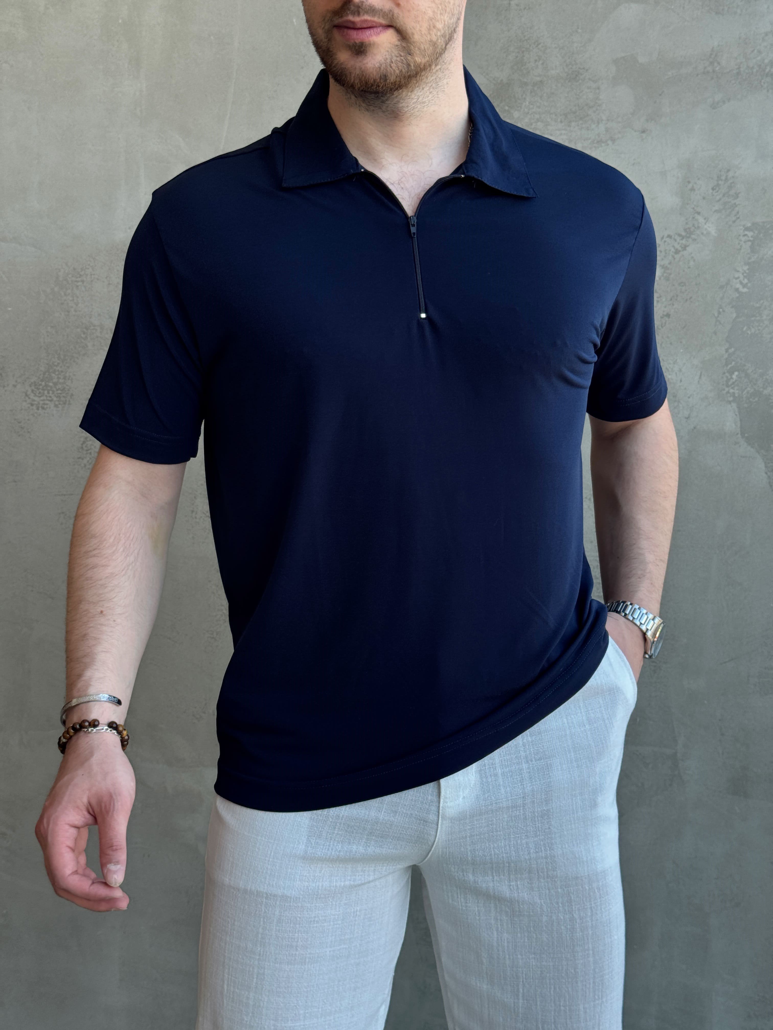 Erkek Zamansız Model Oversize Kalıp Fermuar Detaylı Polo Yaka T-Shirt-Lacivert(E1744)Ketench