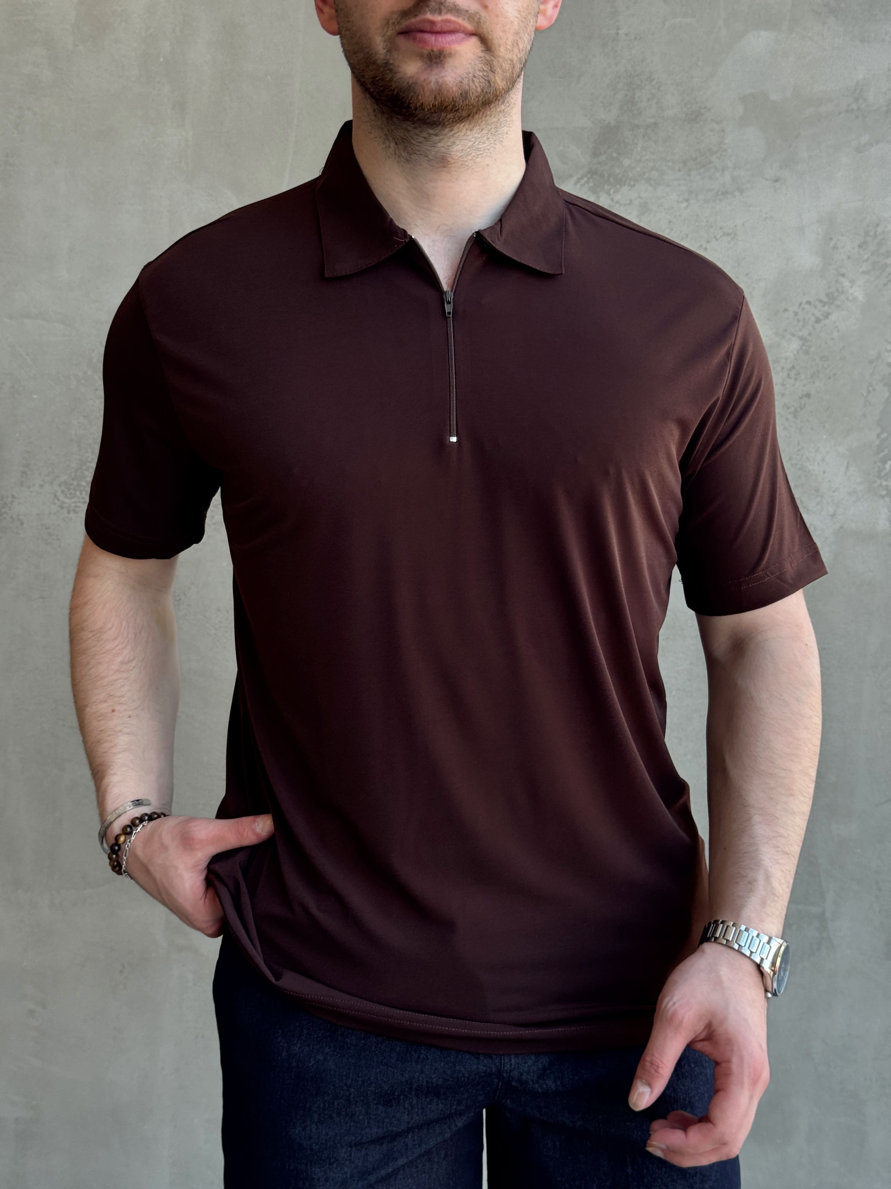 Erkek Zamansız Model Oversize Kalıp Fermuar Detaylı Polo Yaka T-Shirt-Kahverengi(E1744)Ketench