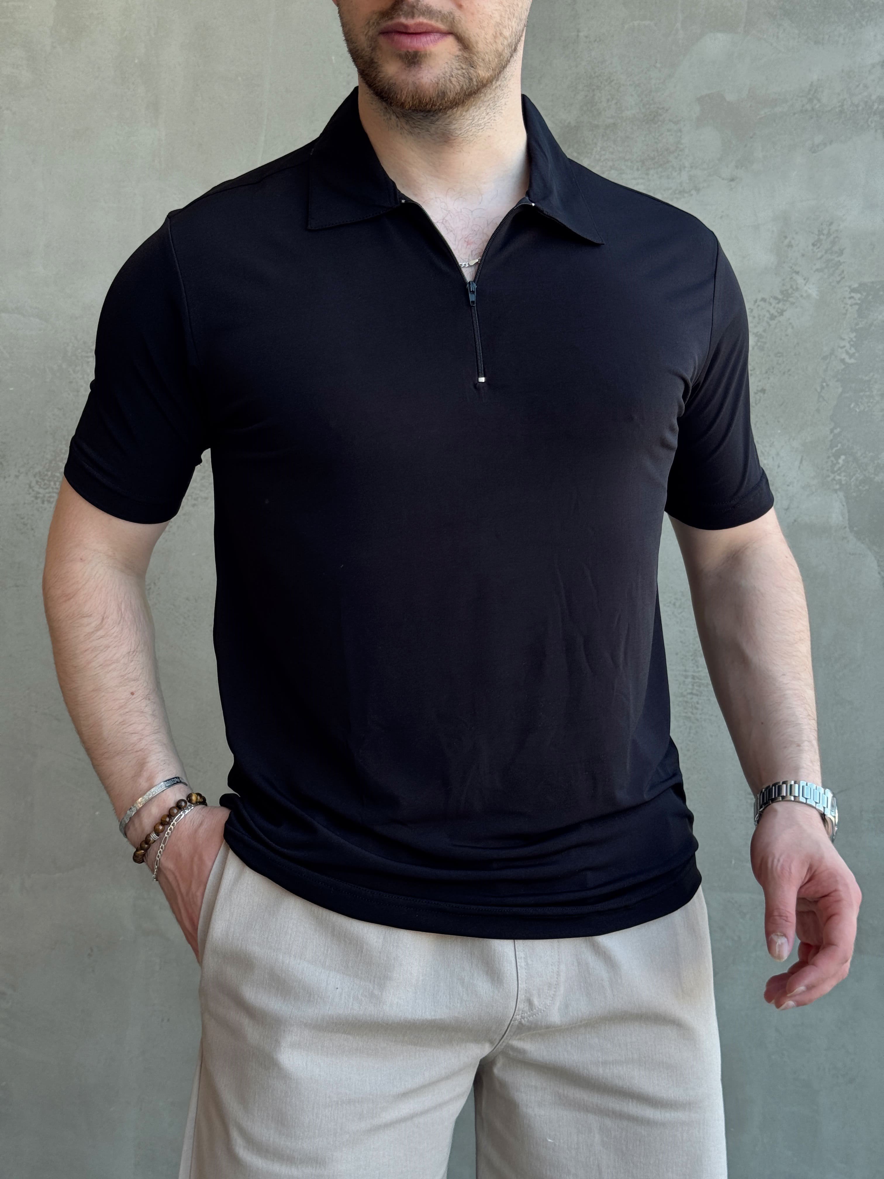 Erkek Zamansız Model Oversize Kalıp Fermuar Detaylı Polo Yaka T-Shirt-Siyah(E1744)Ketench