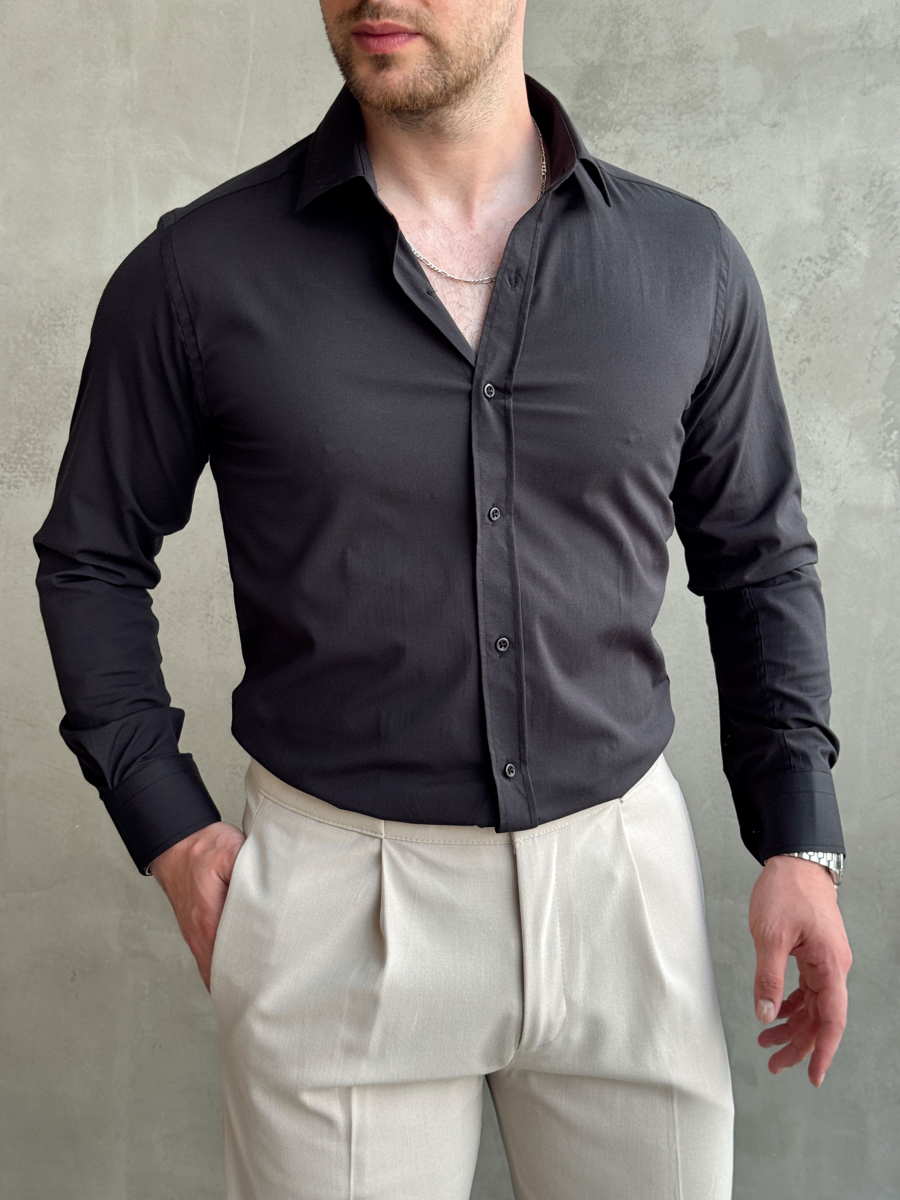 Erkek Zamansız Model Regular Fit Özel Kumaş Classic Gömlek-Siyah(E1770)Ketench