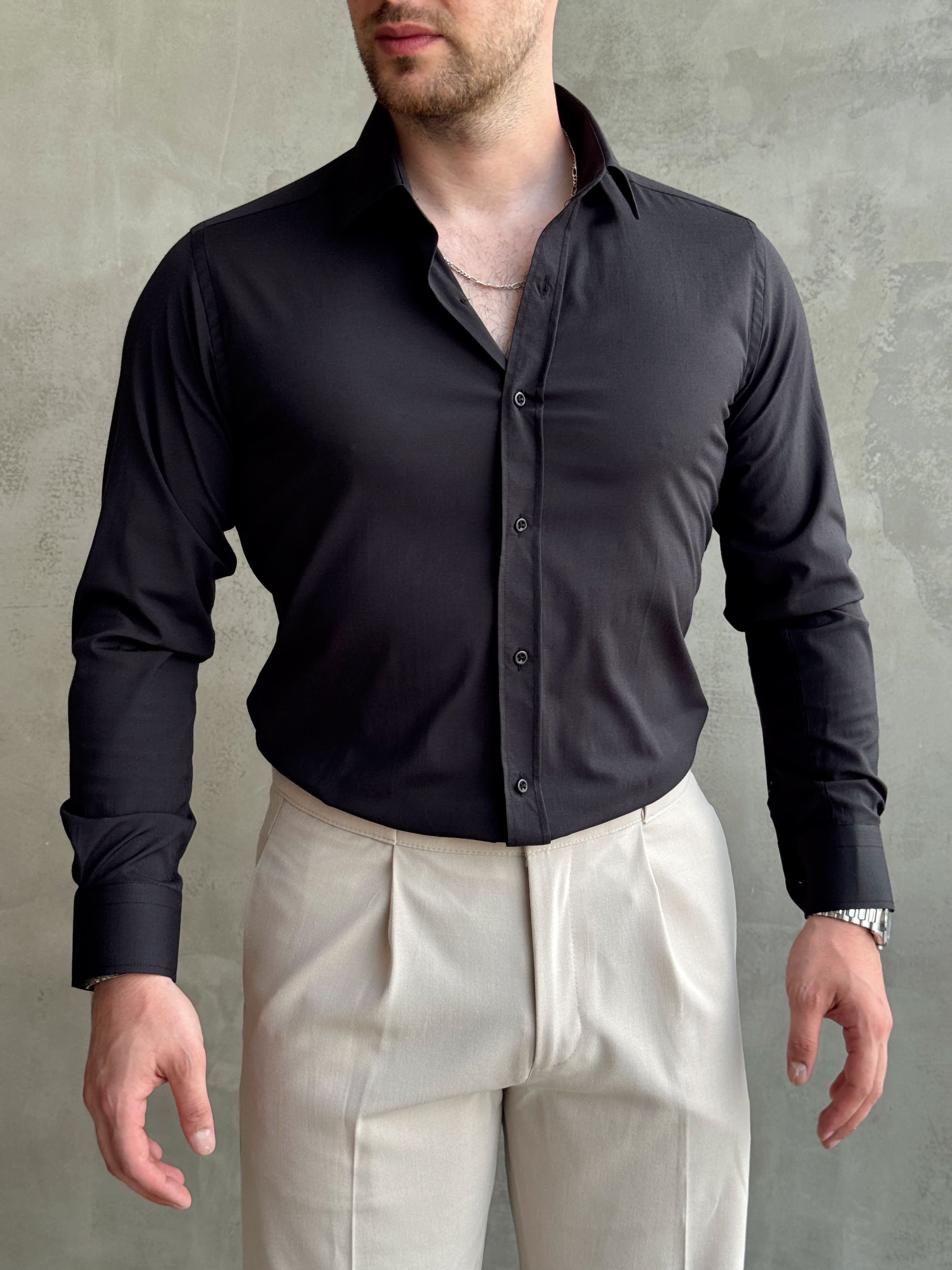 Erkek Zamansız Model Regular Fit Özel Kumaş Classic Gömlek-Siyah(E1770)Ketench