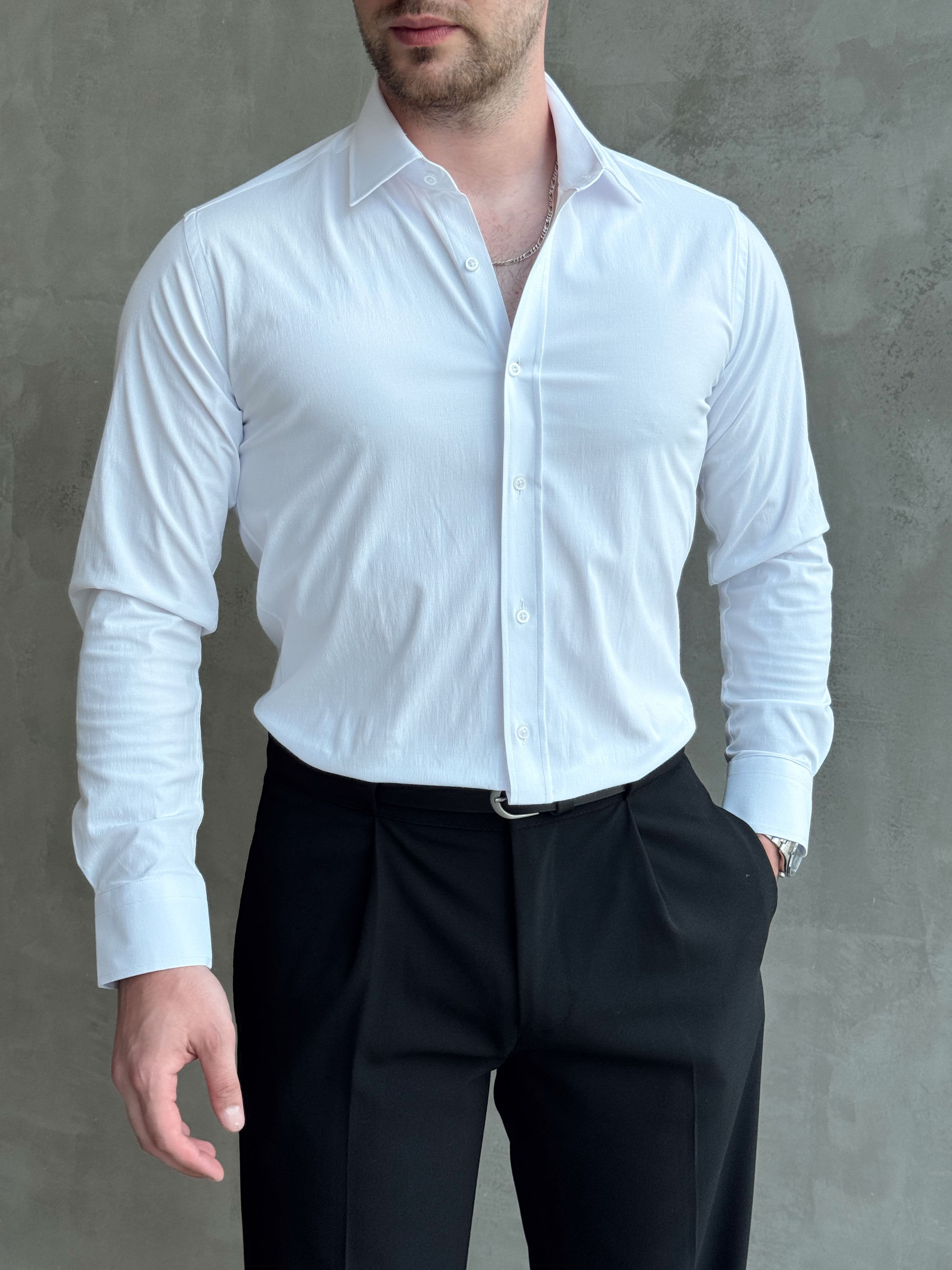 Erkek Zamansız Model Regular Fit Özel Kumaş Classic Gömlek-Beyaz(E1770)Ketench