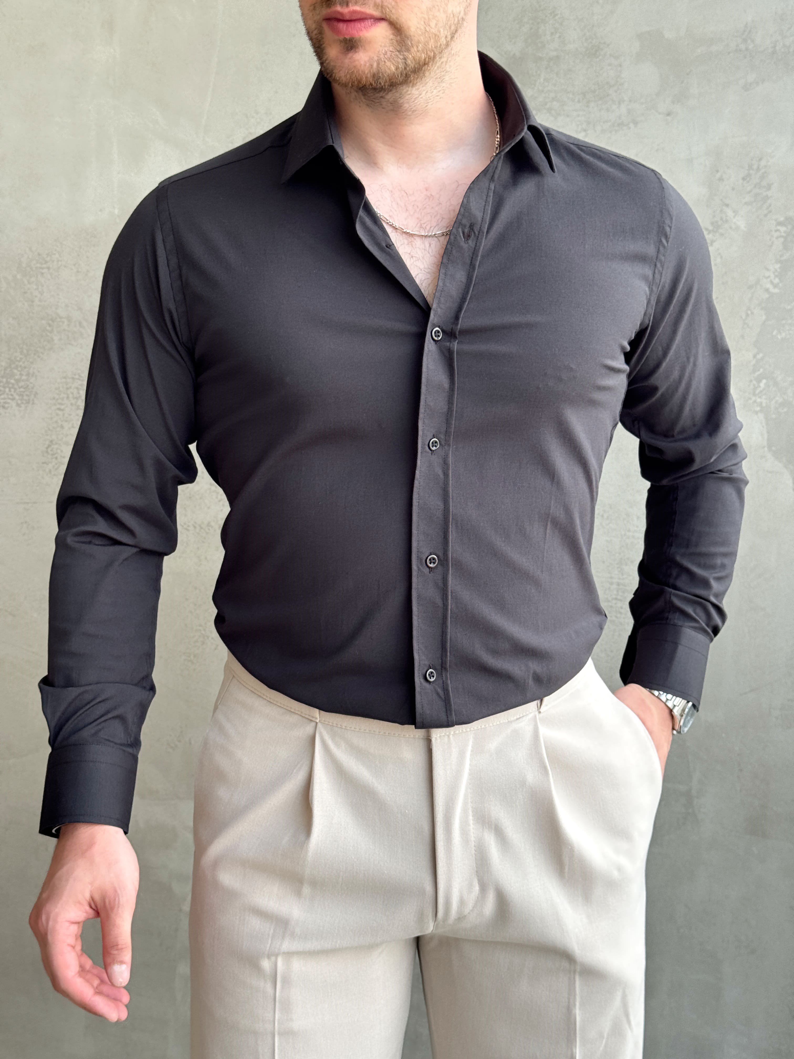 Erkek Zamansız Model Regular Fit Özel Kumaş Classic Gömlek-Siyah(E1770)Ketench