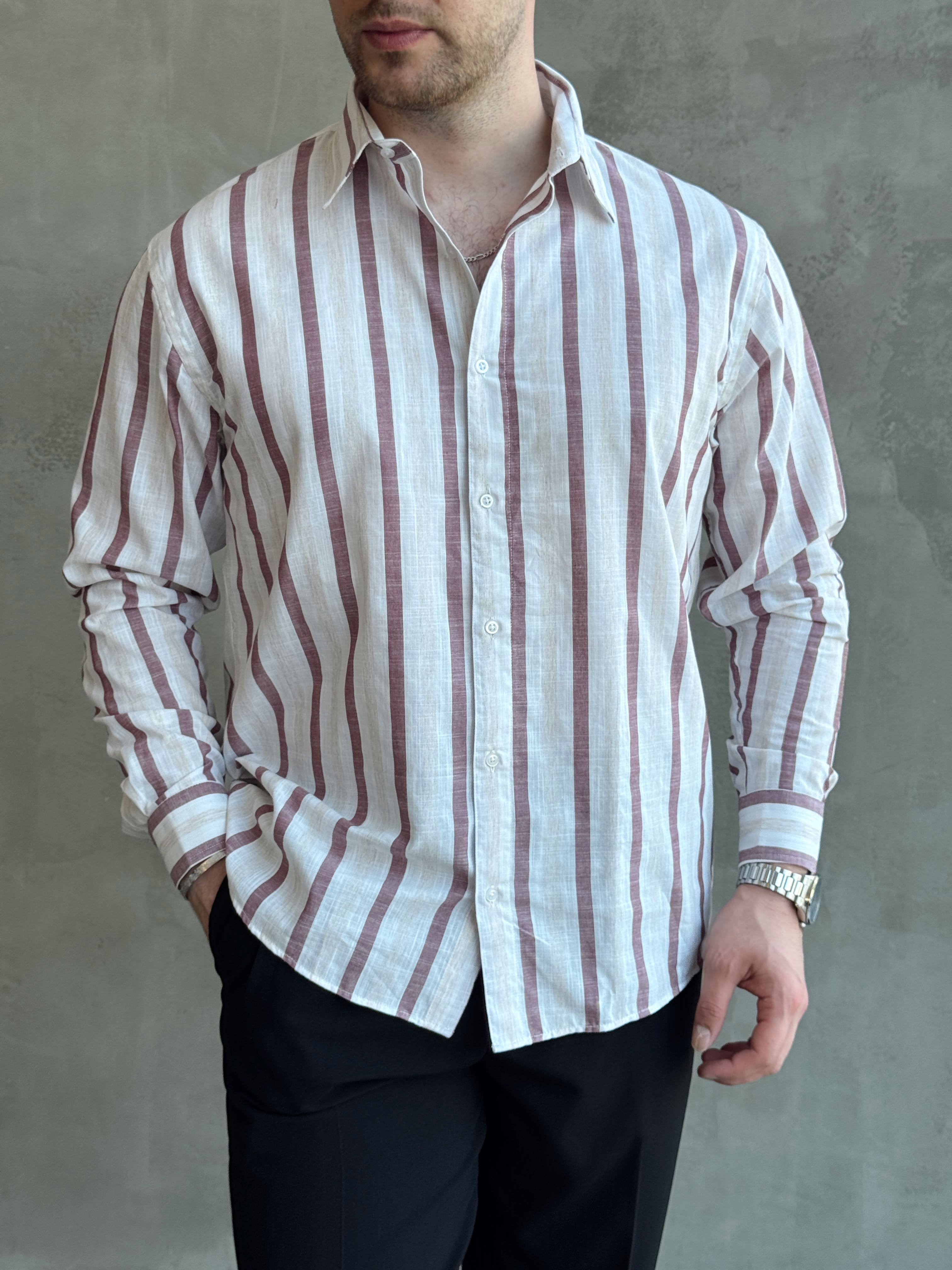 Erkek Zamansız Regular Fit Şerit Detaylı Keten Gömlek-Bordo(E1756)Ketench