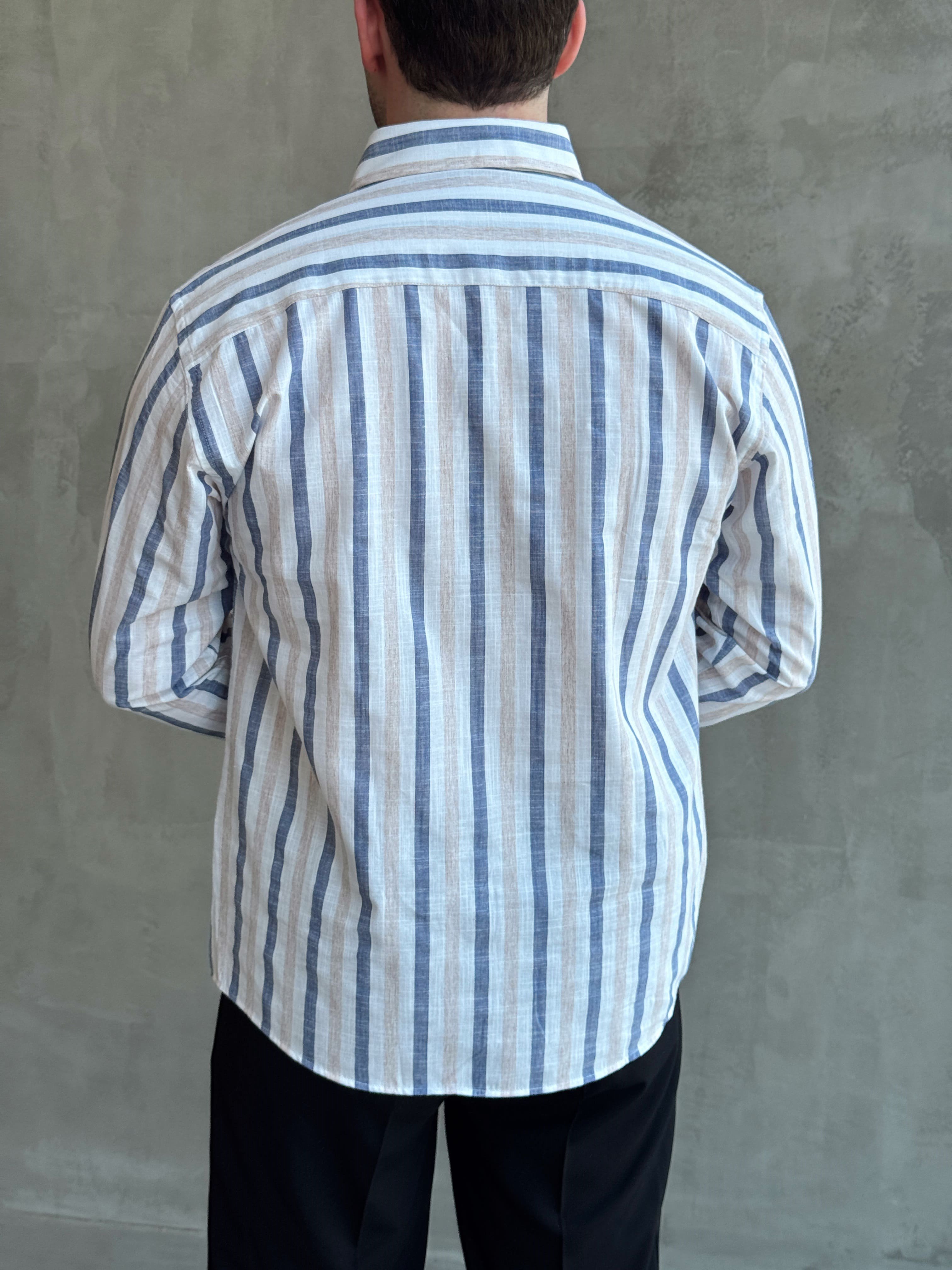 Erkek Zamansız Regular Fit Şerit Detaylı Keten Gömlek-Lacivert(E1756)Ketench