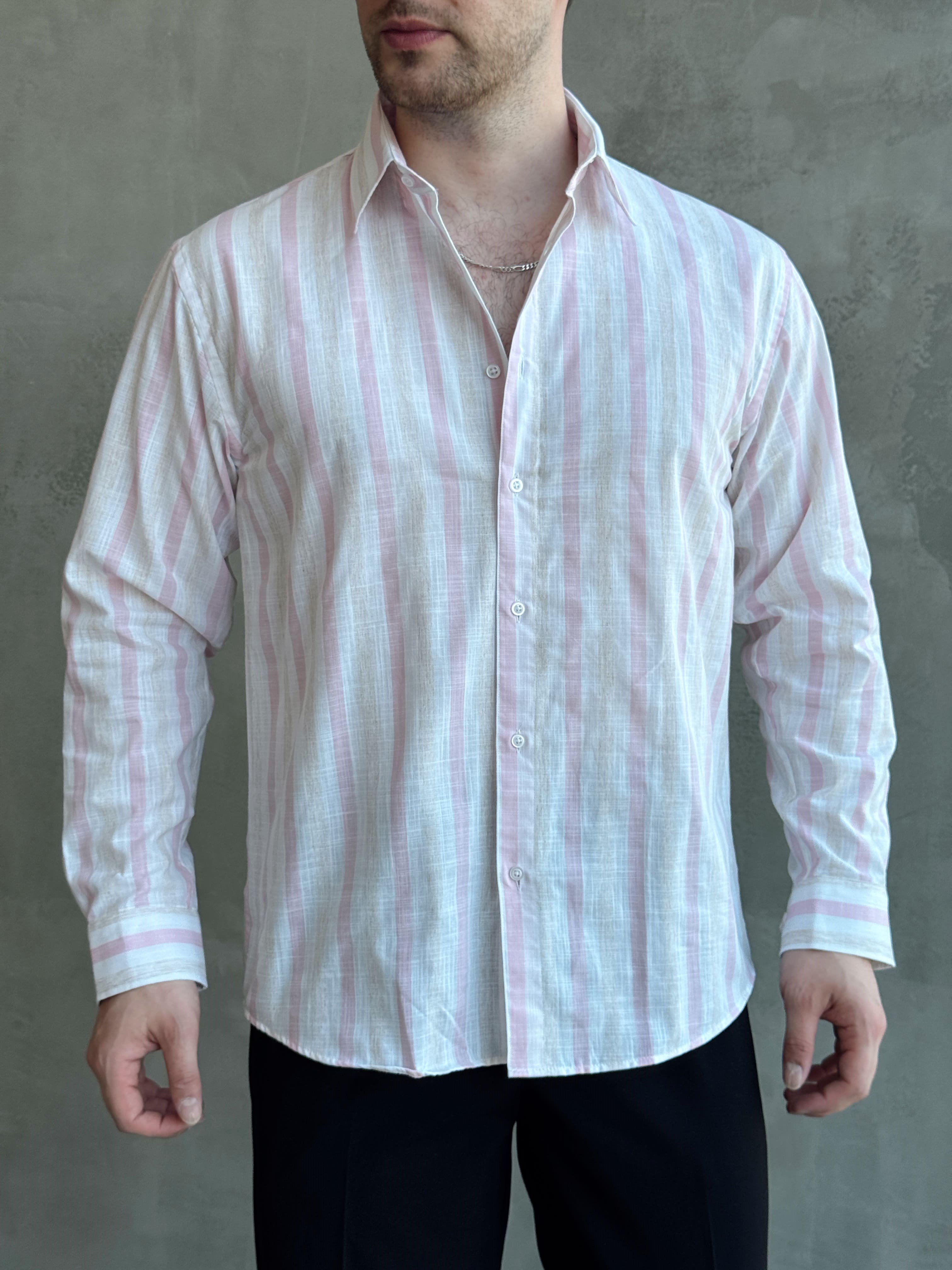 Erkek Zamansız Regular Fit Şerit Detaylı Keten Gömlek-Pembe(E1756)Ketench
