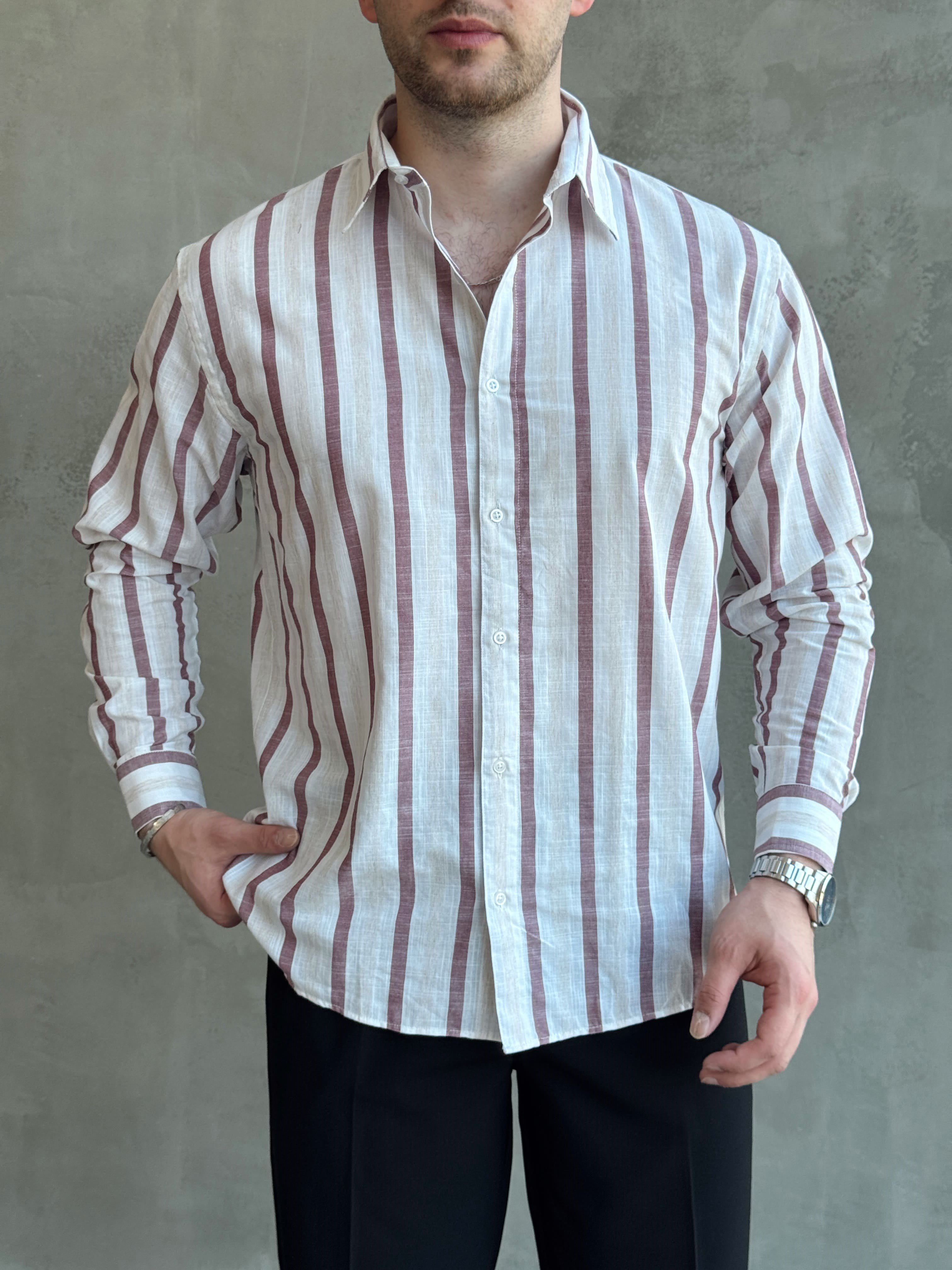 Erkek Zamansız Regular Fit Şerit Detaylı Keten Gömlek-Bordo(E1756)Ketench