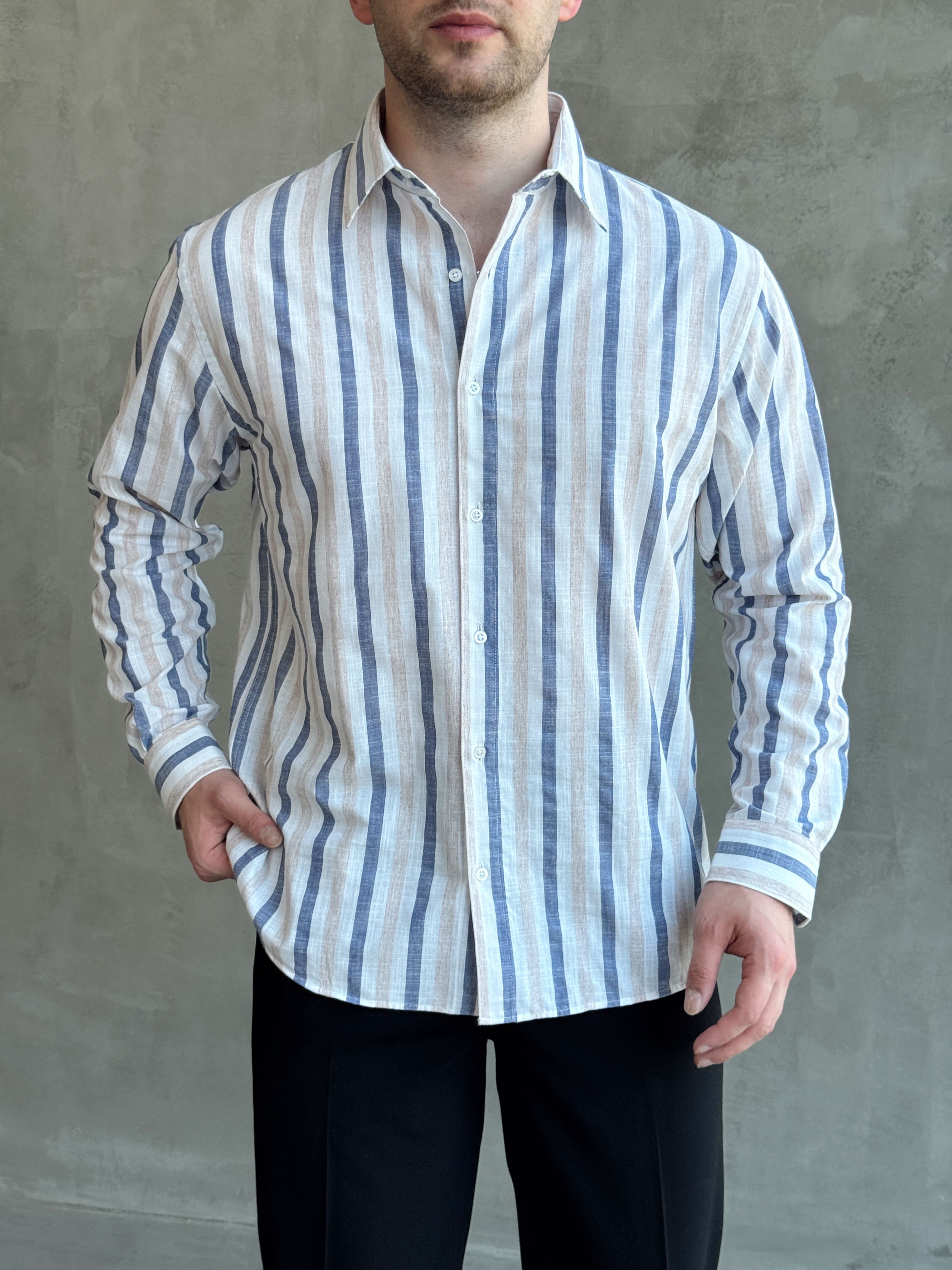 Erkek Zamansız Regular Fit Şerit Detaylı Keten Gömlek-Lacivert(E1756)Ketench