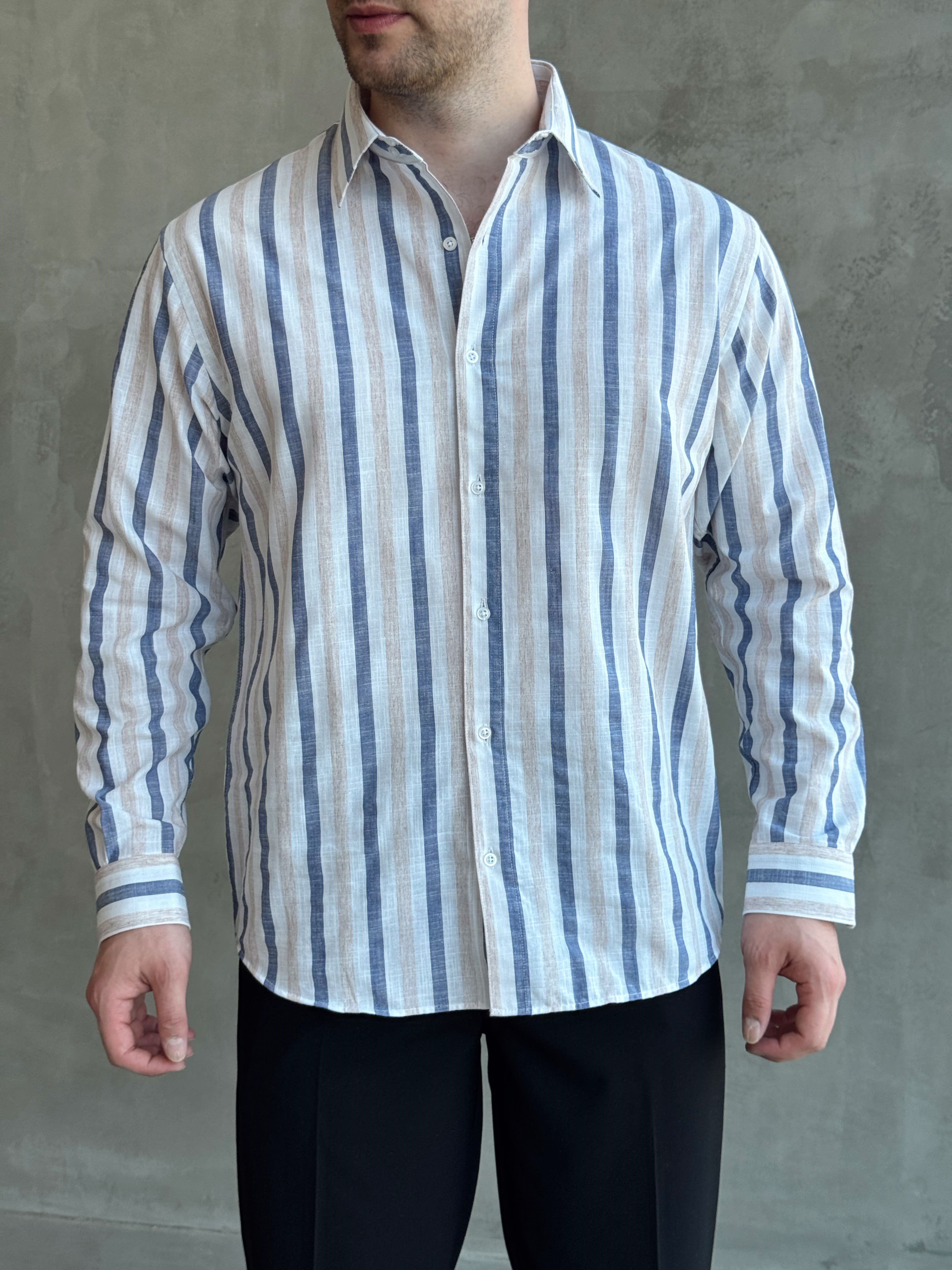Erkek Zamansız Regular Fit Şerit Detaylı Keten Gömlek-Lacivert(E1756)Ketench
