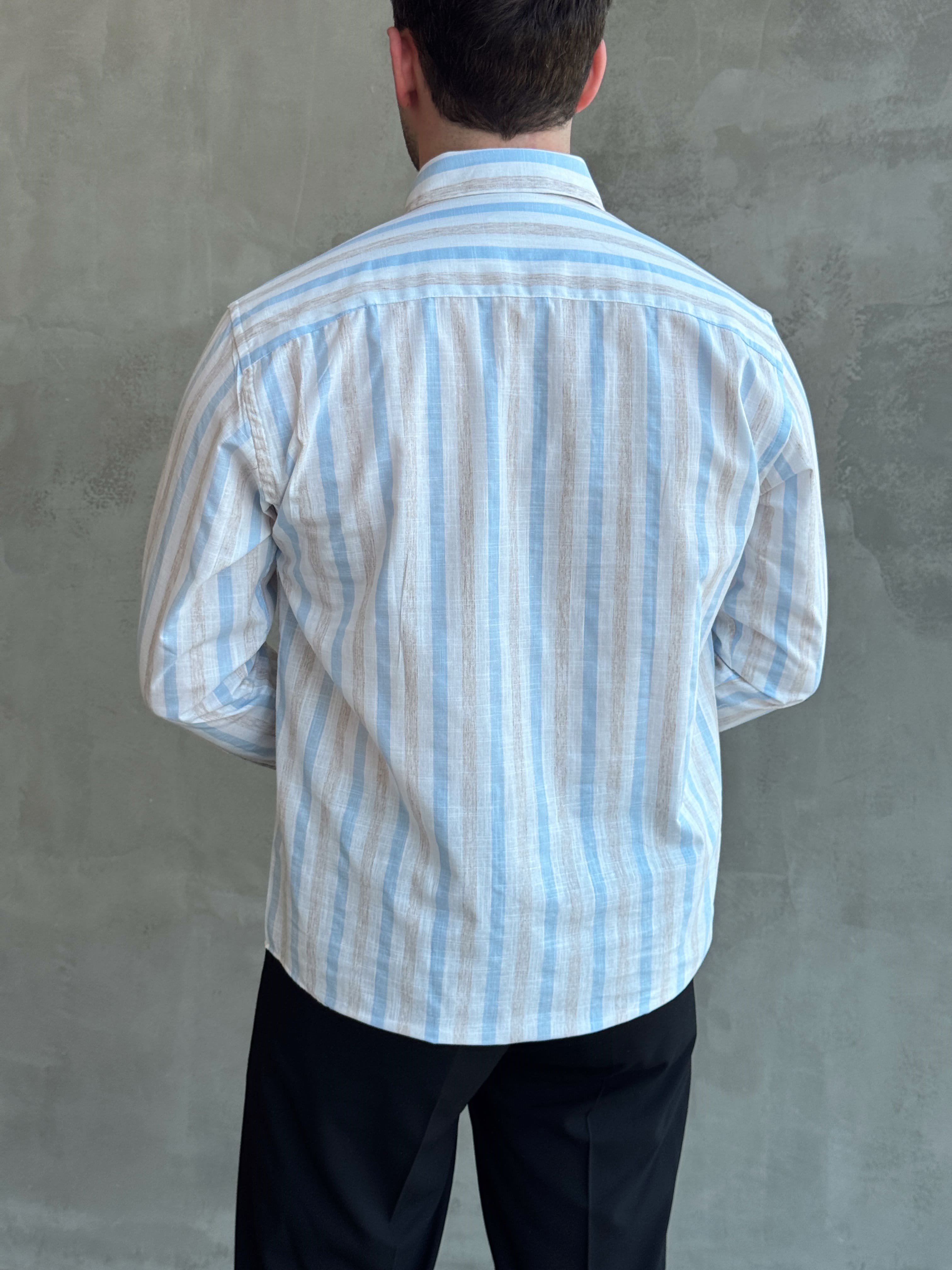 Erkek Zamansız Regular Fit Şerit Detaylı Keten Gömlek-Mavi(E1756)Ketench