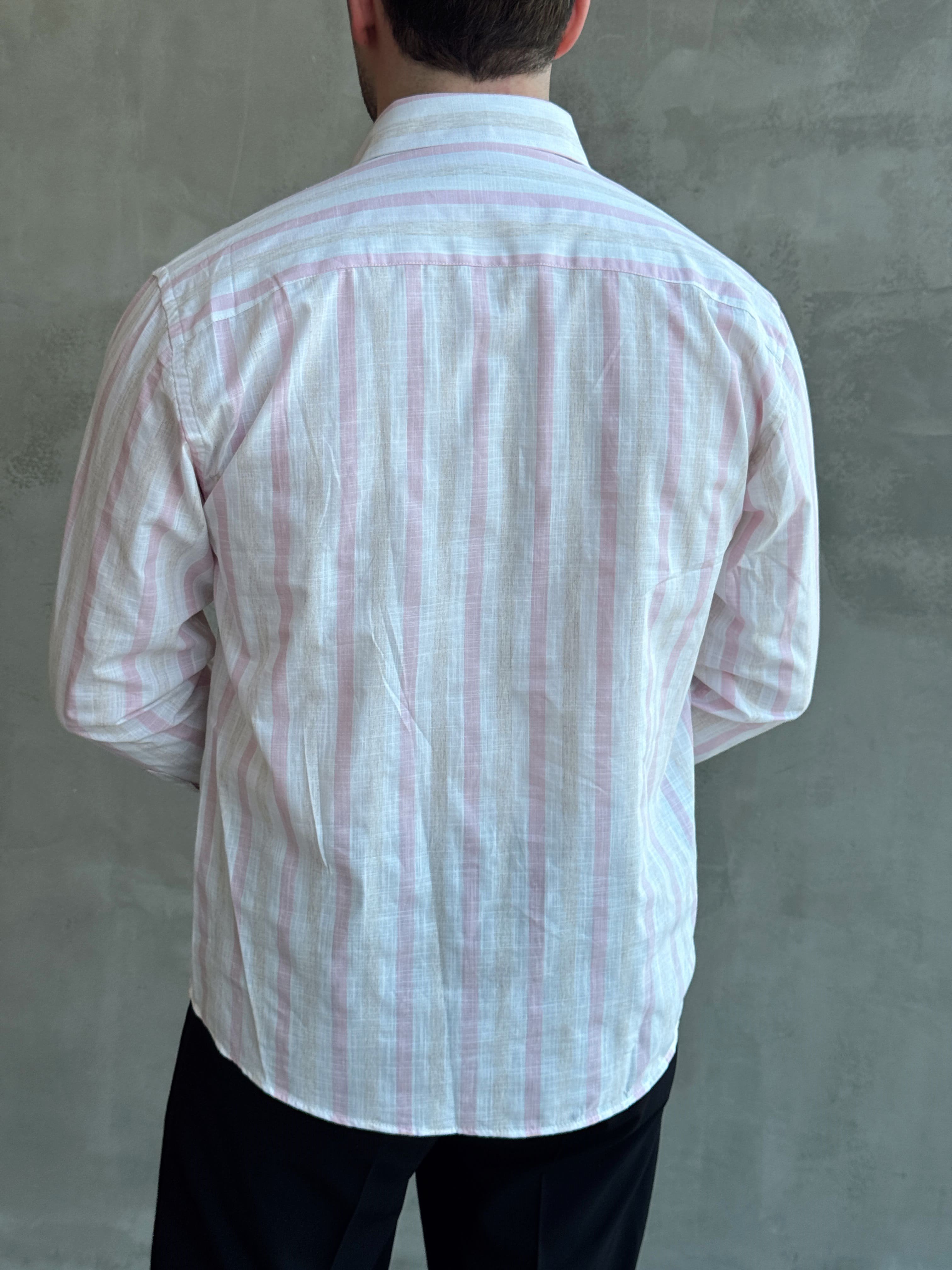 Erkek Zamansız Regular Fit Şerit Detaylı Keten Gömlek-Pembe(E1756)Ketench