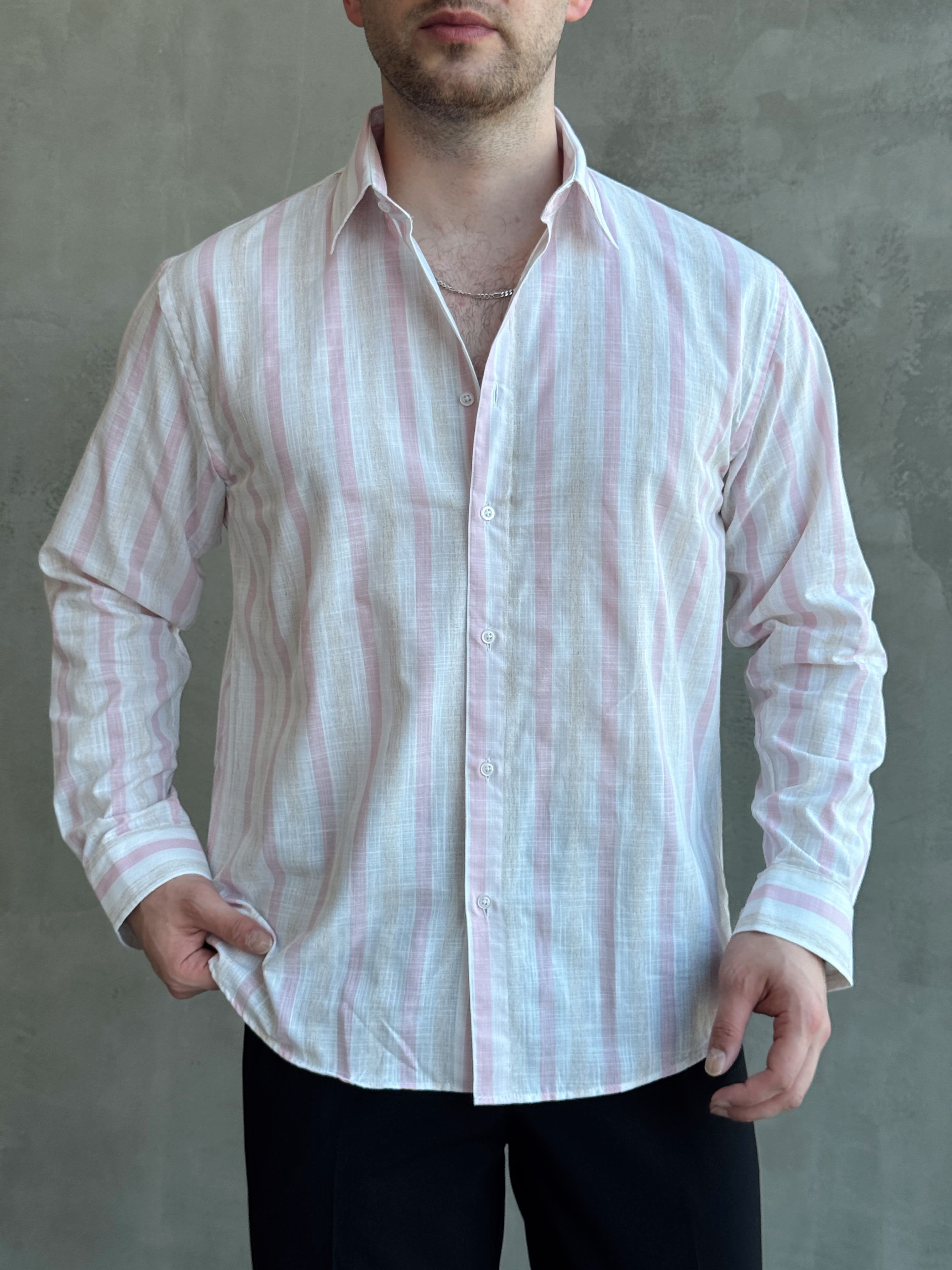 Erkek Zamansız Regular Fit Şerit Detaylı Keten Gömlek-Pembe(E1756)Ketench