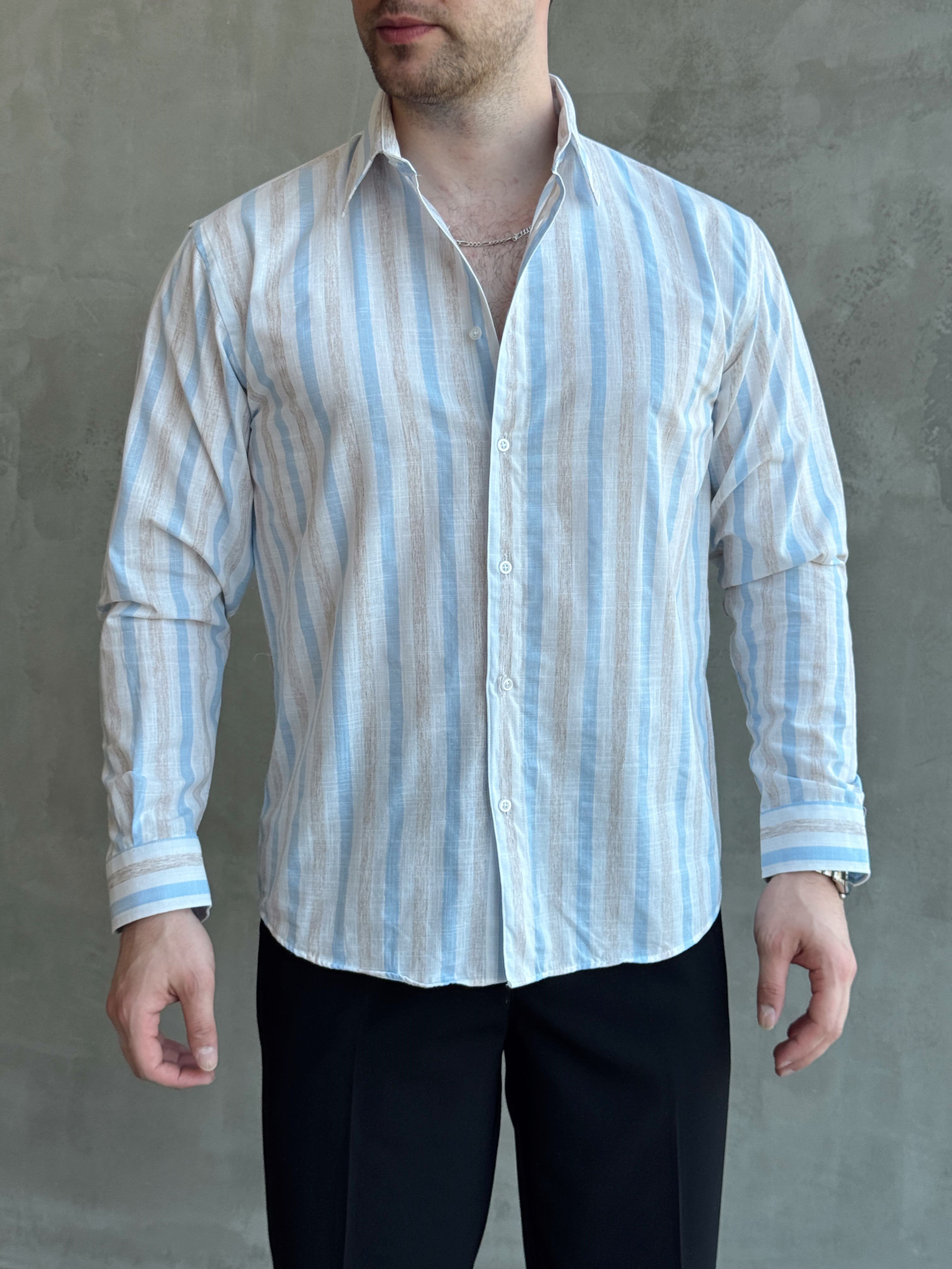Erkek Zamansız Regular Fit Şerit Detaylı Keten Gömlek-Mavi(E1756)Ketench