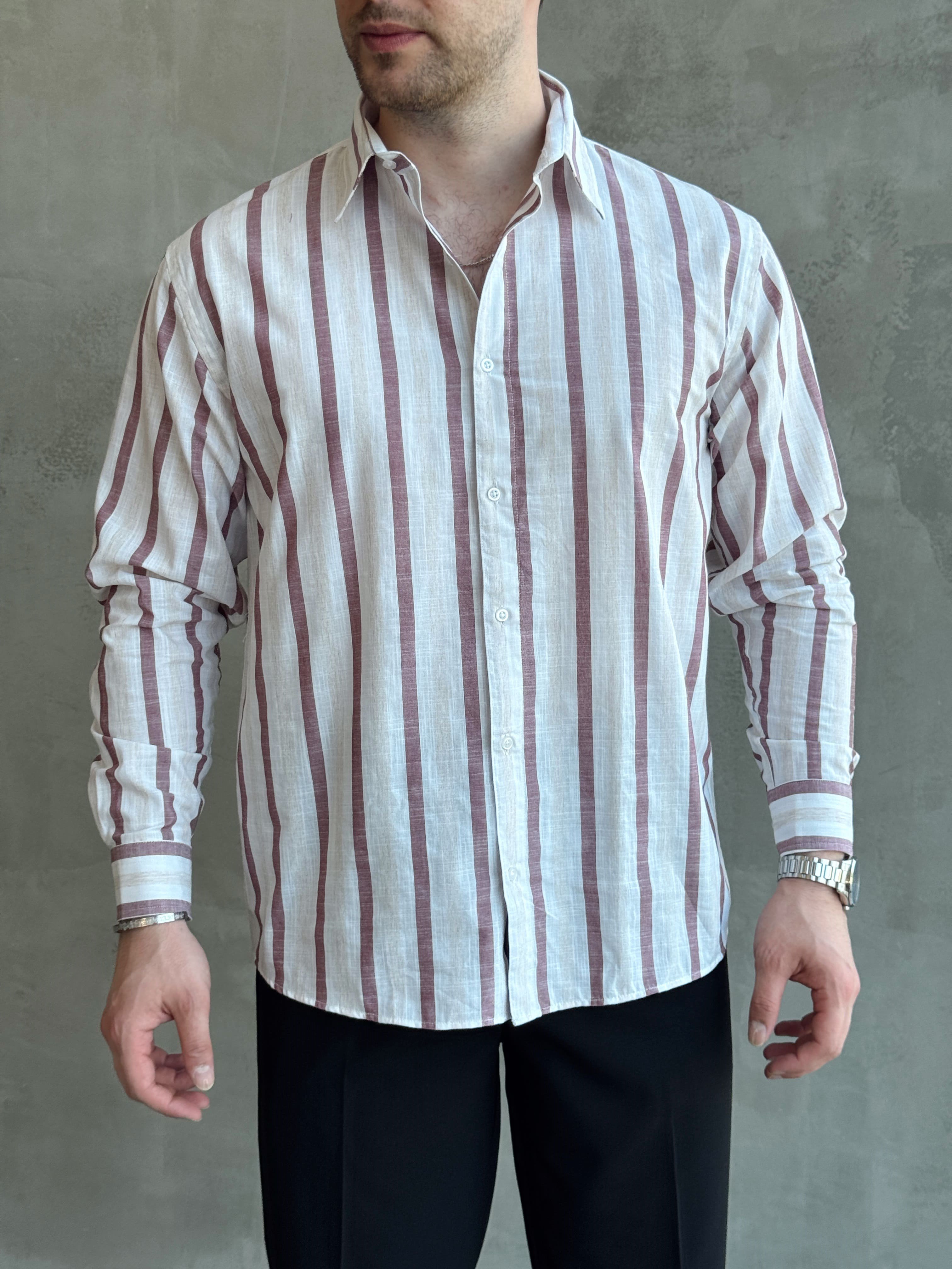 Erkek Zamansız Regular Fit Şerit Detaylı Keten Gömlek-Bordo(E1756)Ketench