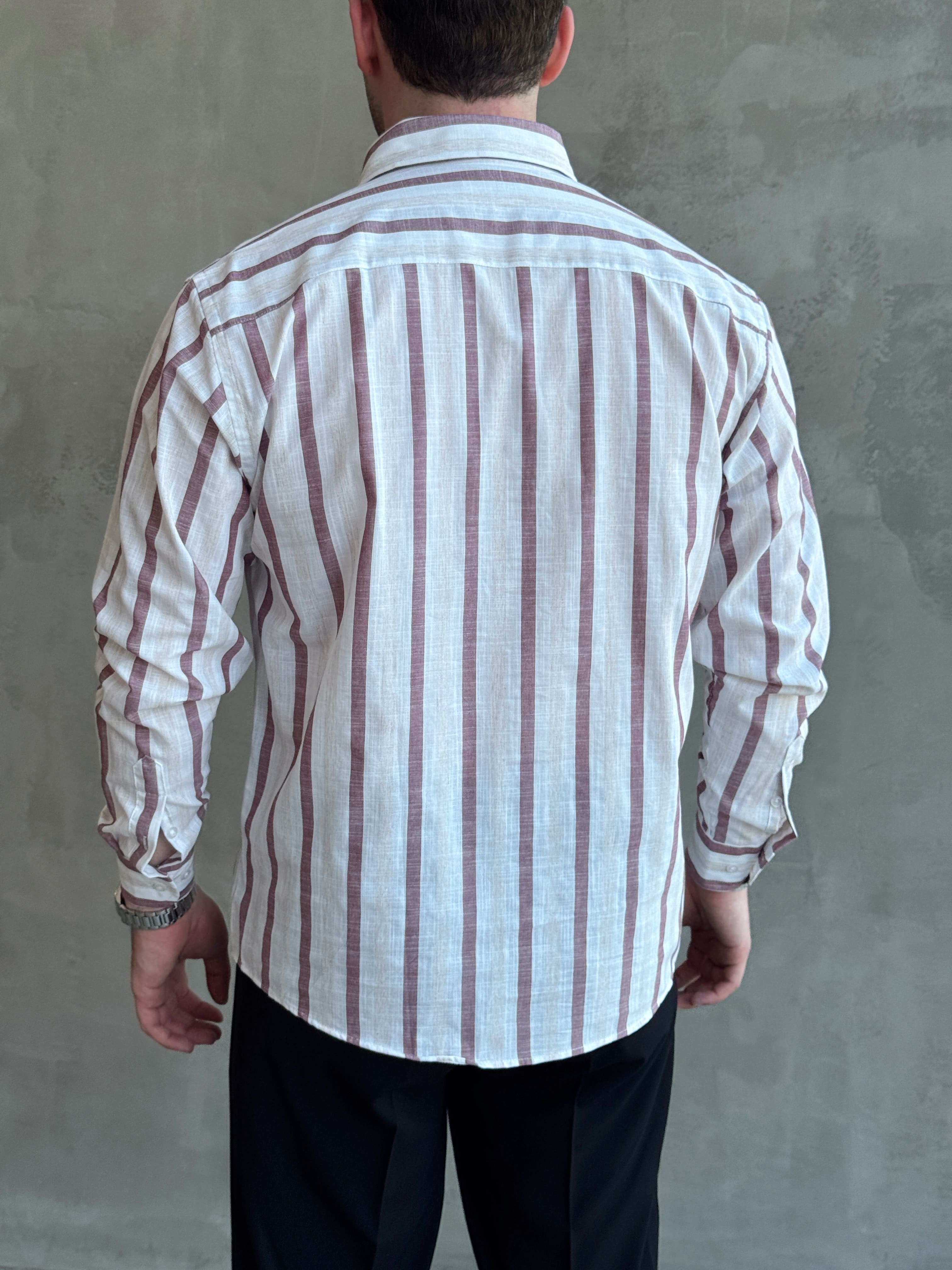 Erkek Zamansız Regular Fit Şerit Detaylı Keten Gömlek-Bordo(E1756)Ketench