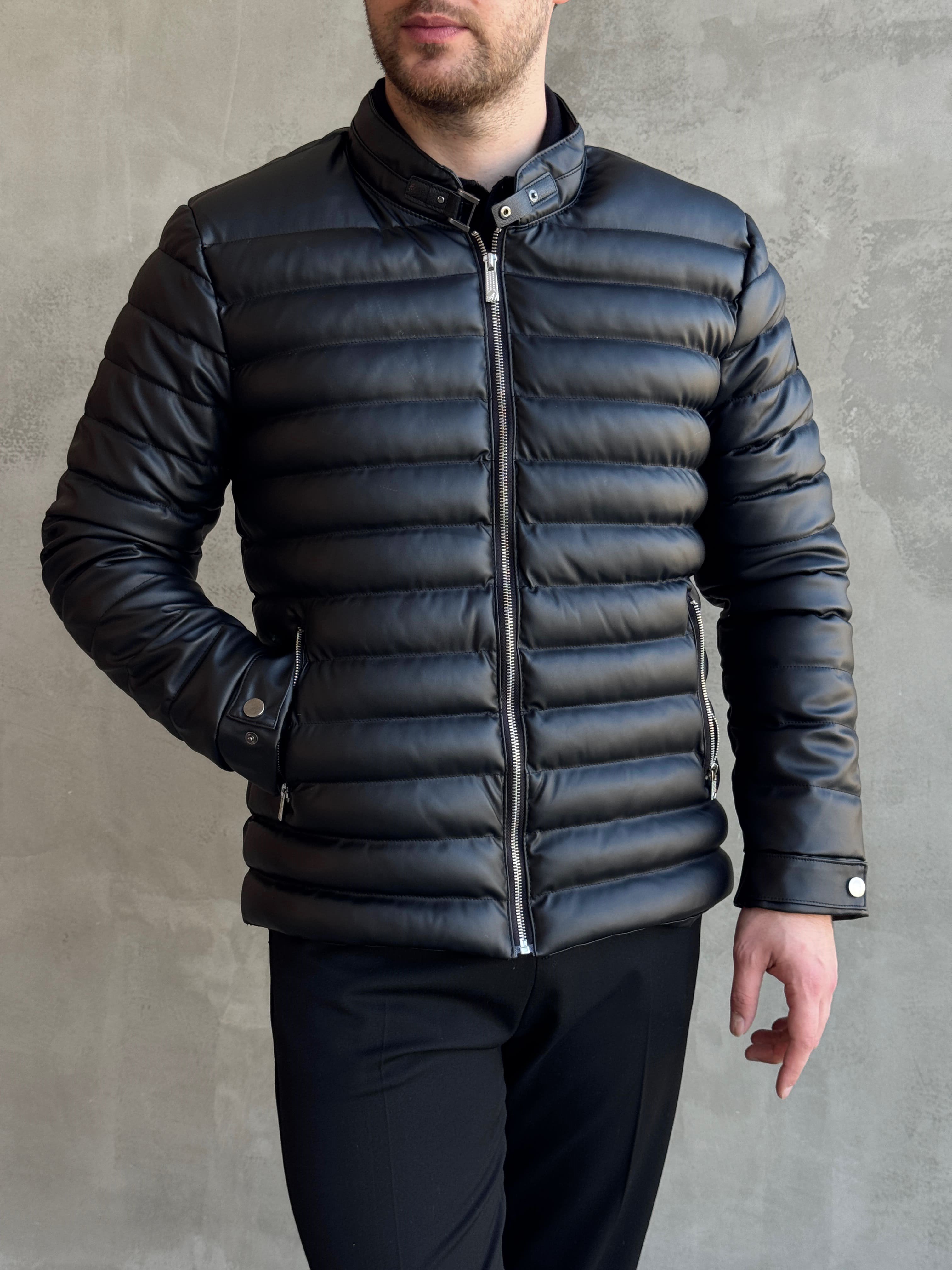 Erkek Zamansız Slim Fit Parlak Görünümlü Dik Yaka Şişme Mont-Siyah(E1880)Ketench