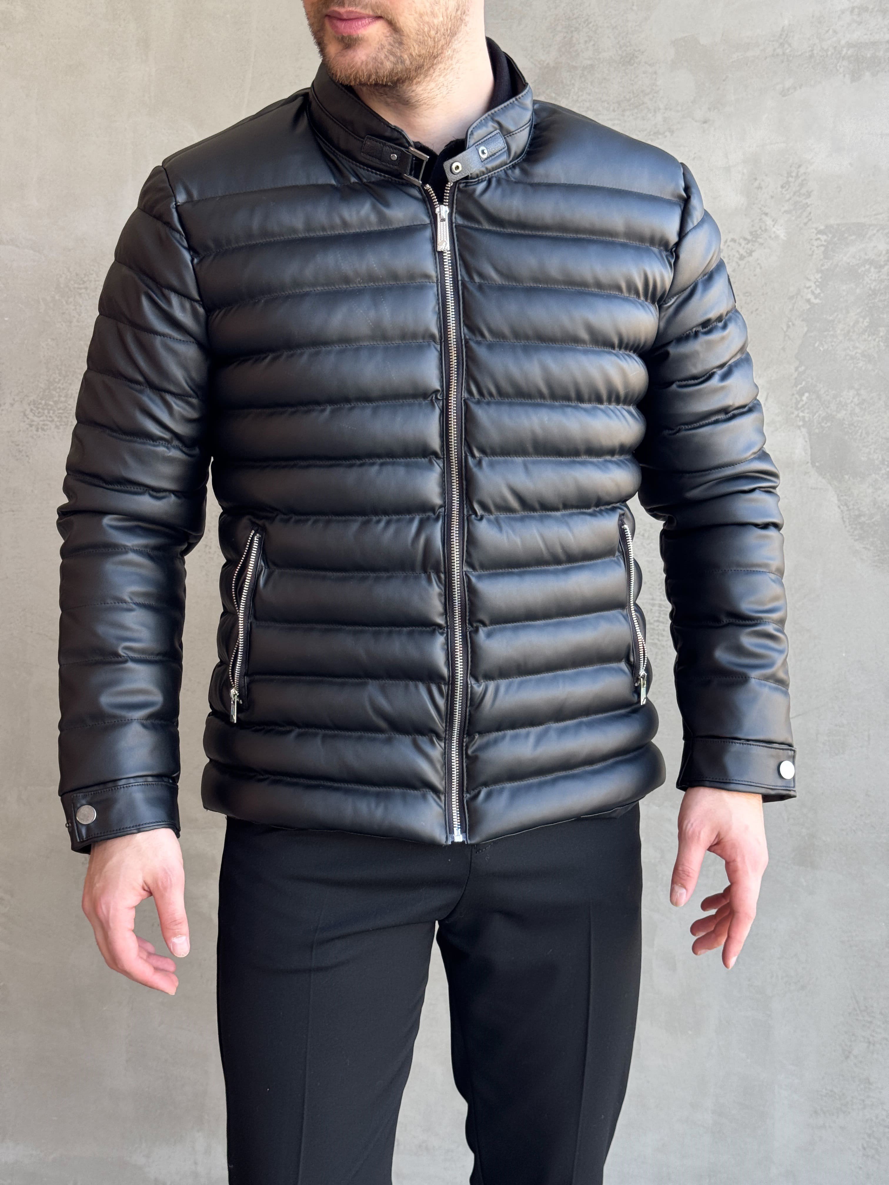 Erkek Zamansız Slim Fit Parlak Görünümlü Dik Yaka Şişme Mont-Siyah(E1880)Ketench