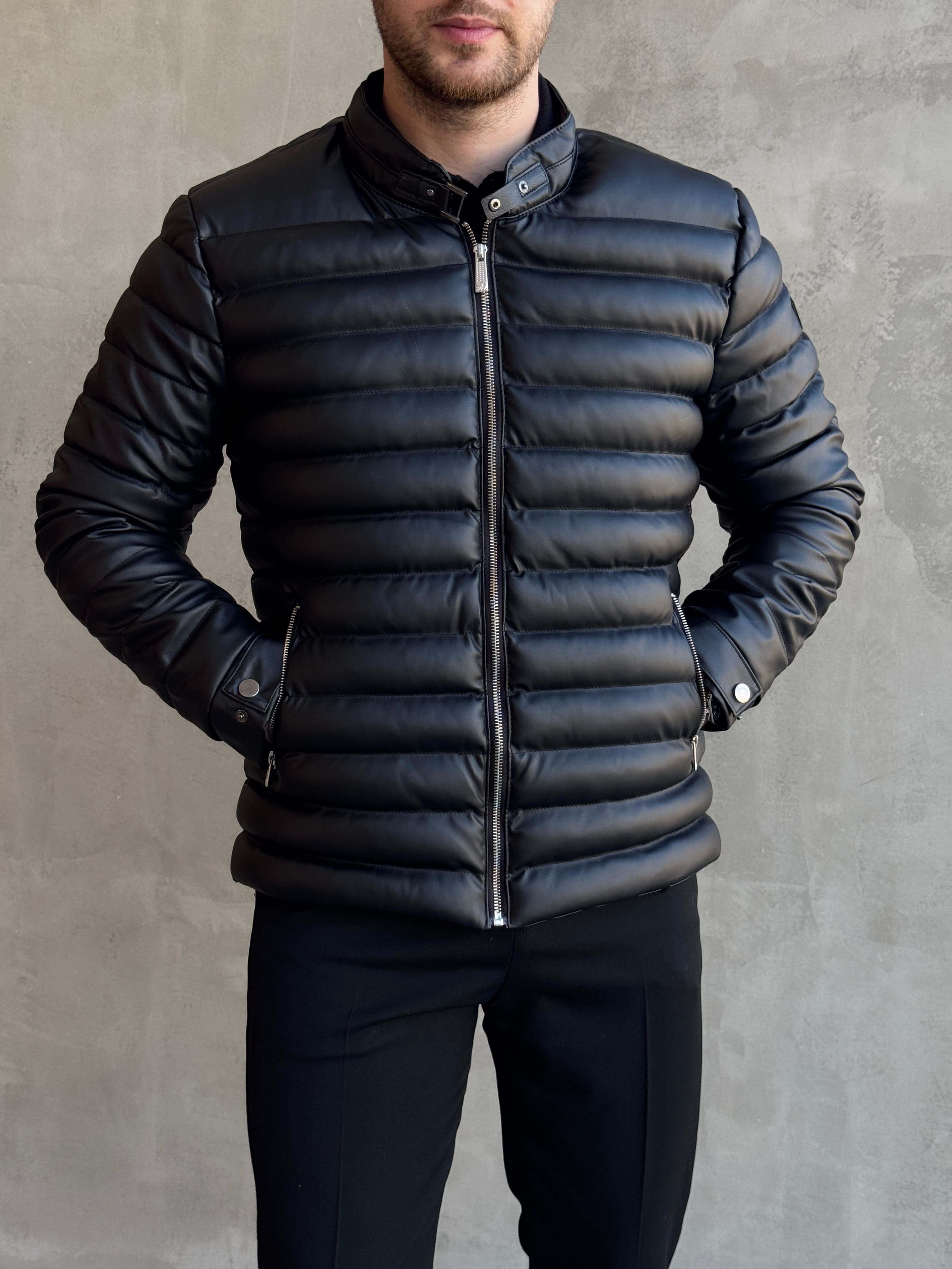 Erkek Zamansız Slim Fit Parlak Görünümlü Dik Yaka Şişme Mont-Siyah(E1880)Ketench